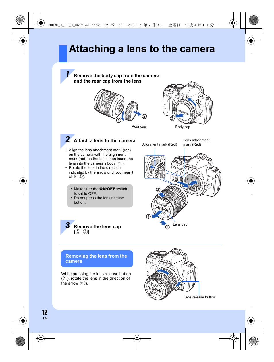 Attaching a lens to the camera | Olympus E-600 User Manual | Page 12 / 156