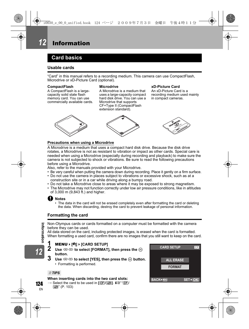 Information, Card basics | Olympus E-600 User Manual | Page 124 / 156
