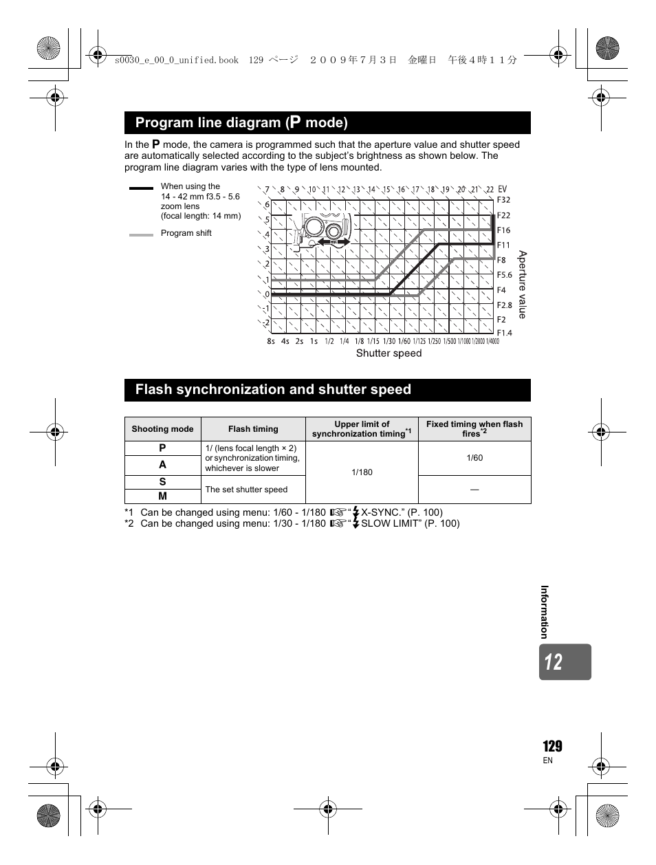 Program line diagram ( p mode), Flash synchronization and shutter speed | Olympus E-600 User Manual | Page 129 / 156