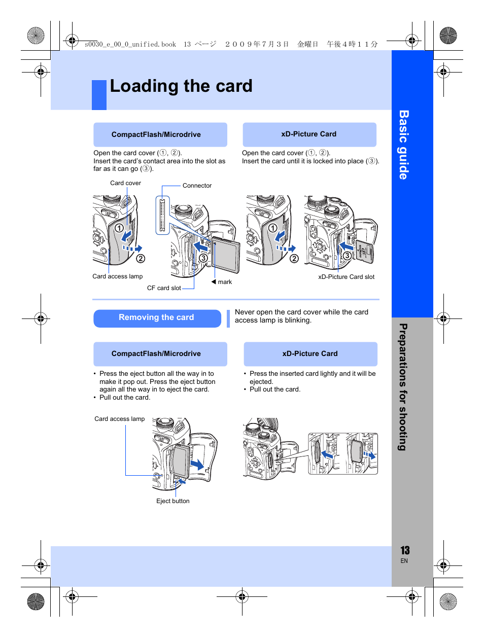 Loading the card, Basic guid e, Prep arat ions f or sho oting | Olympus E-600 User Manual | Page 13 / 156