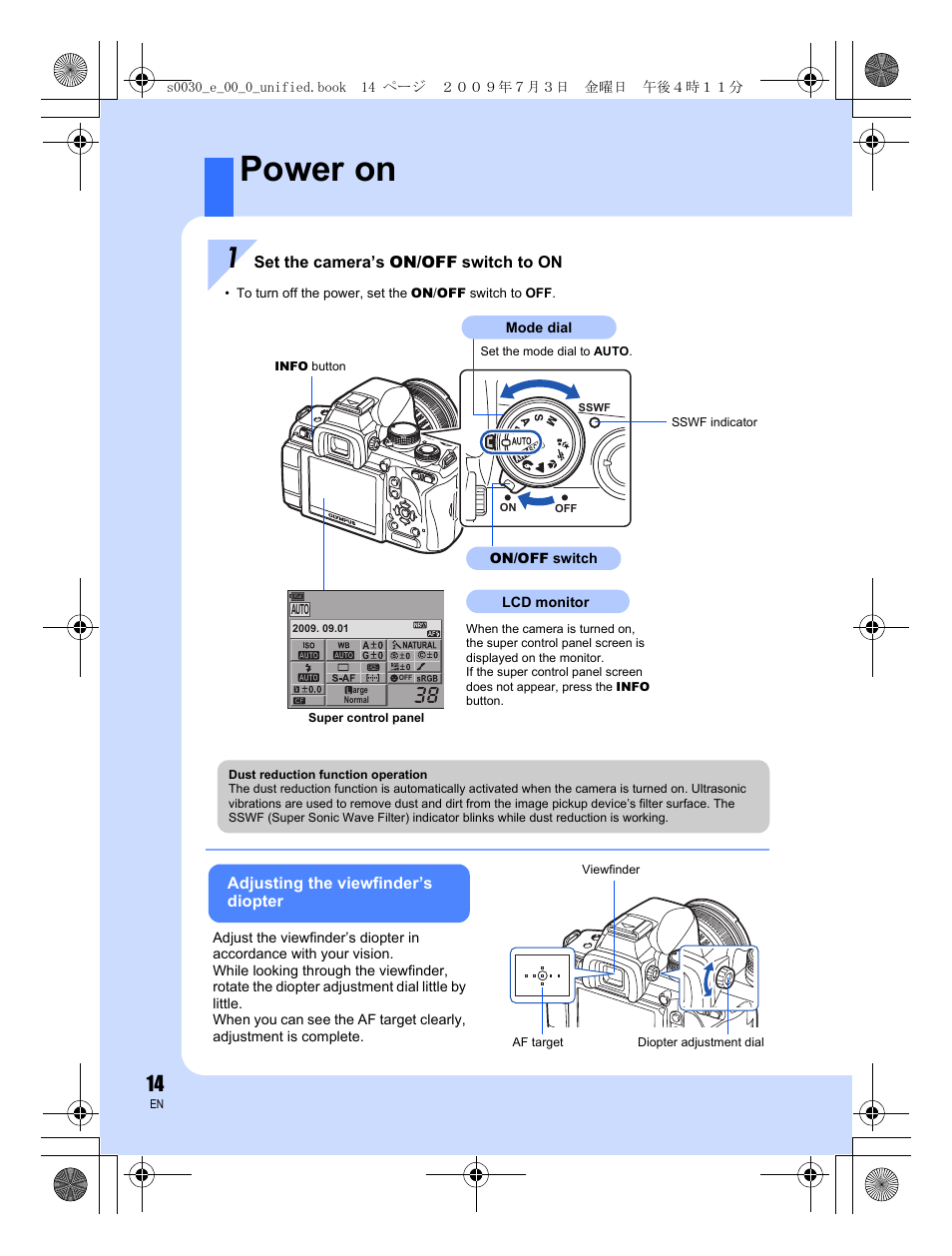 Power on | Olympus E-600 User Manual | Page 14 / 156
