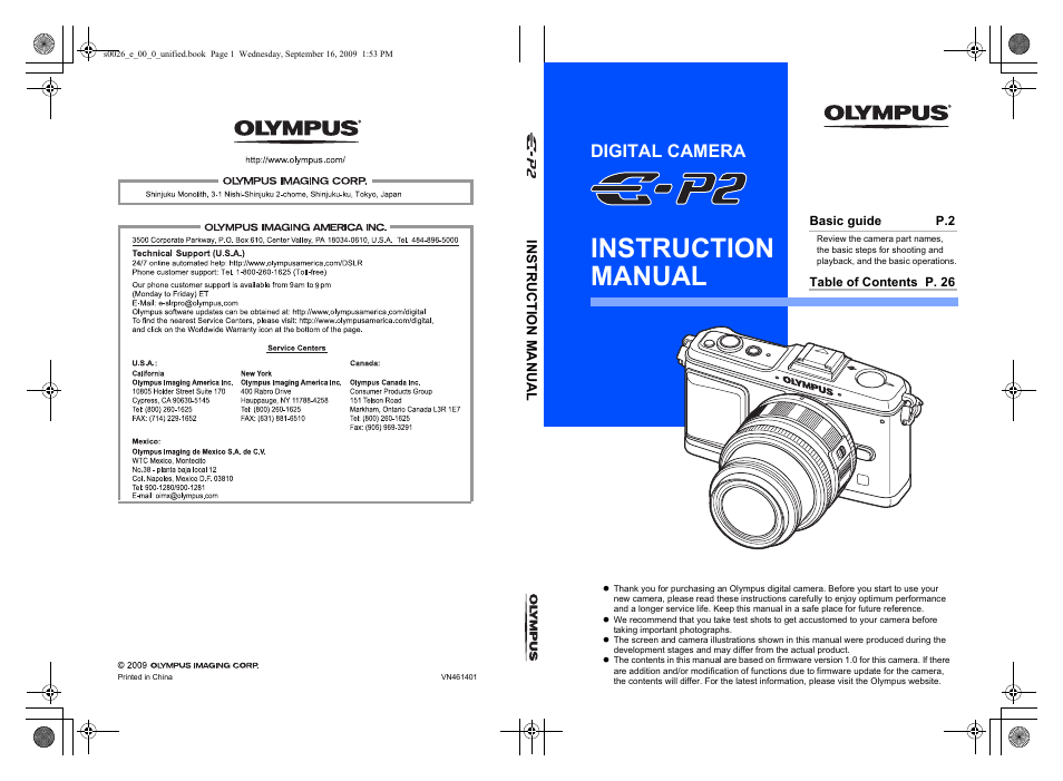 Instruction manual, Digital camera, Ins t ruction manu al | Basic guide p.2, Table of contents p. 26 | Olympus E-600 User Manual | Page 156 / 156