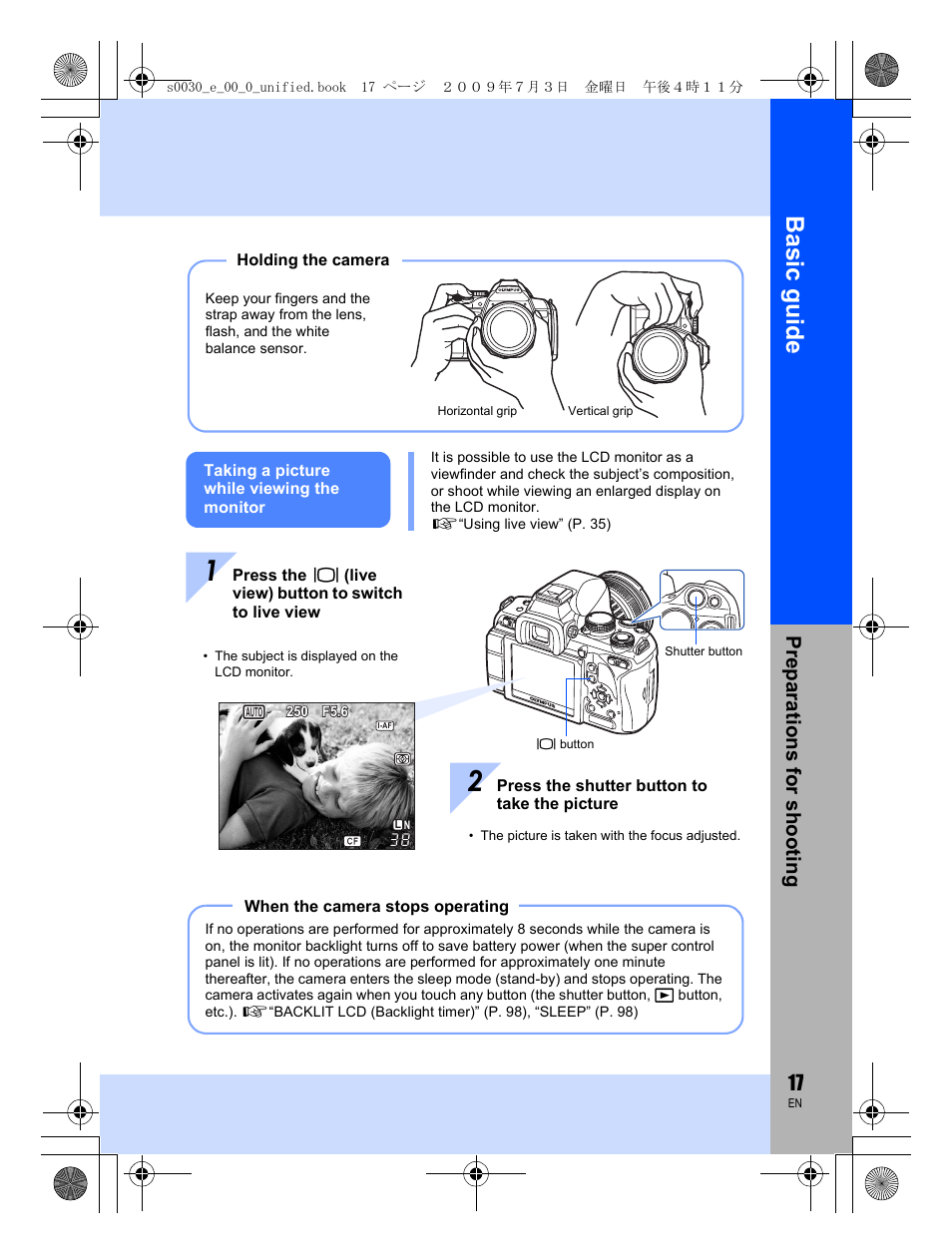 Basic guid e, Prep arat ions f or sho oting | Olympus E-600 User Manual | Page 17 / 156