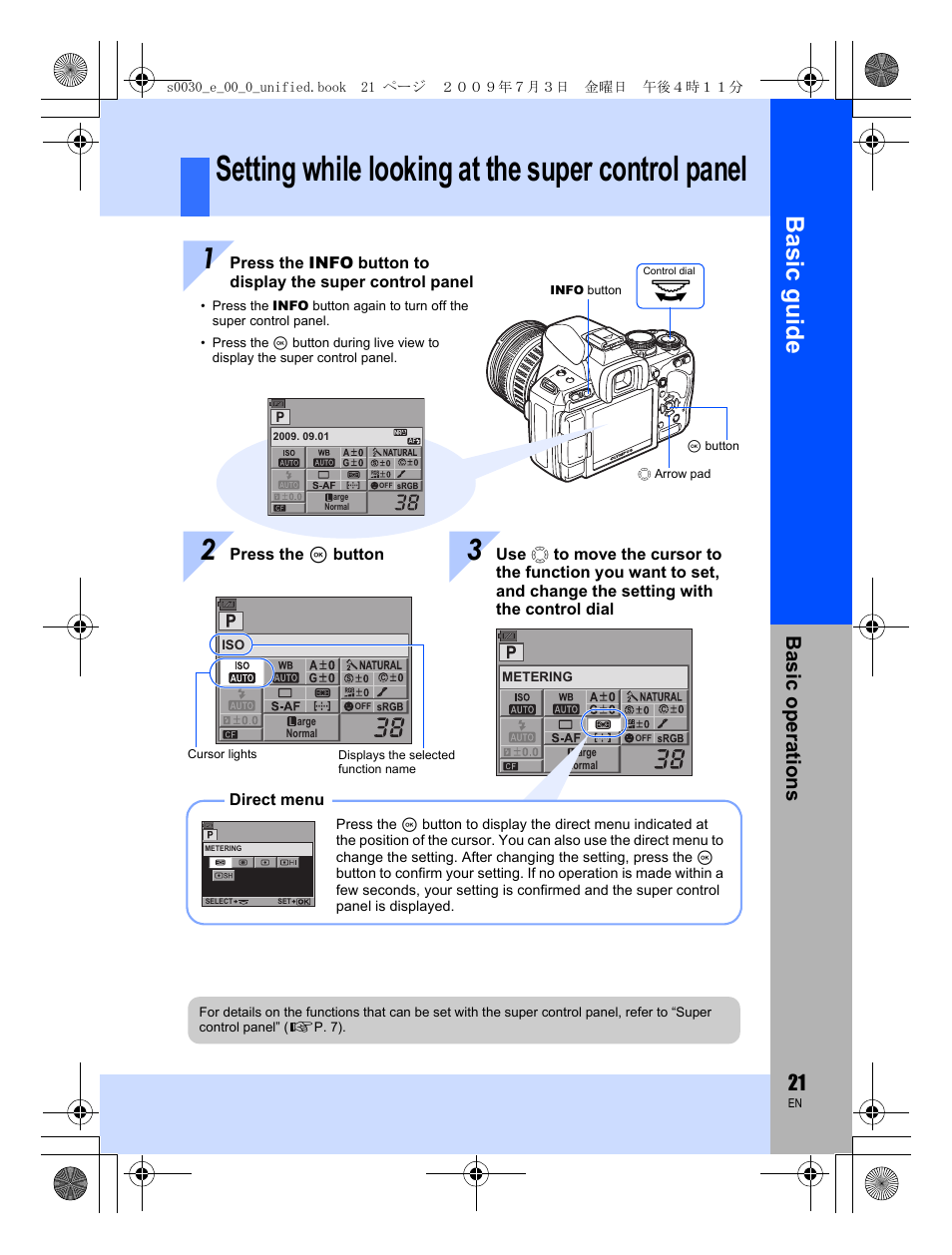 Setting while looking at the super control panel, Basic guid e, Basic op erat ions | Olympus E-600 User Manual | Page 21 / 156