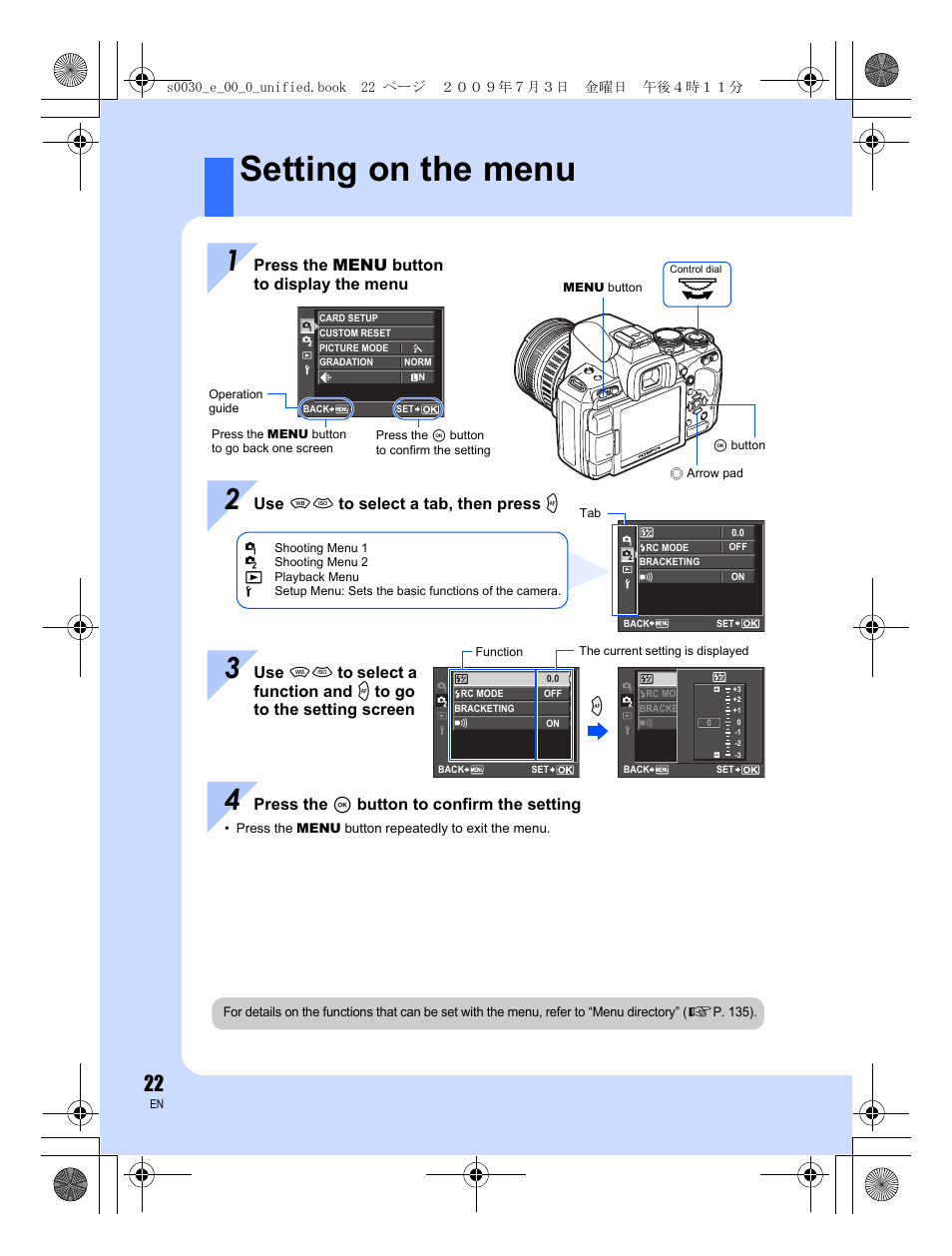 Setting on the menu | Olympus E-600 User Manual | Page 22 / 156