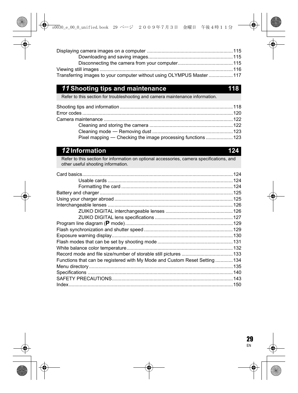 Shooting tips and maintenance 118, Information 124 | Olympus E-600 User Manual | Page 29 / 156