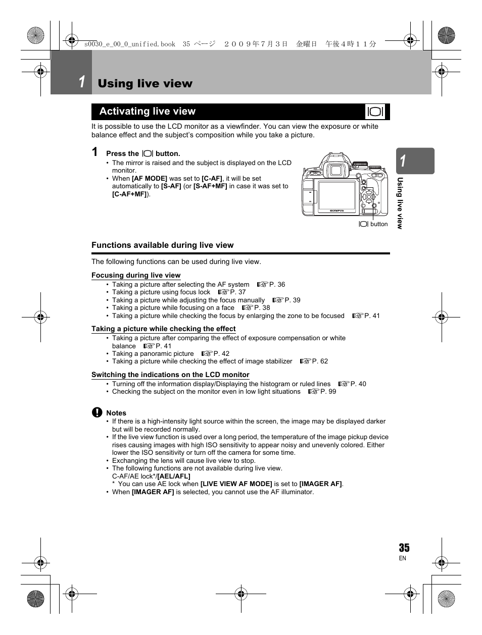 Using live view, Activating live view | Olympus E-600 User Manual | Page 35 / 156