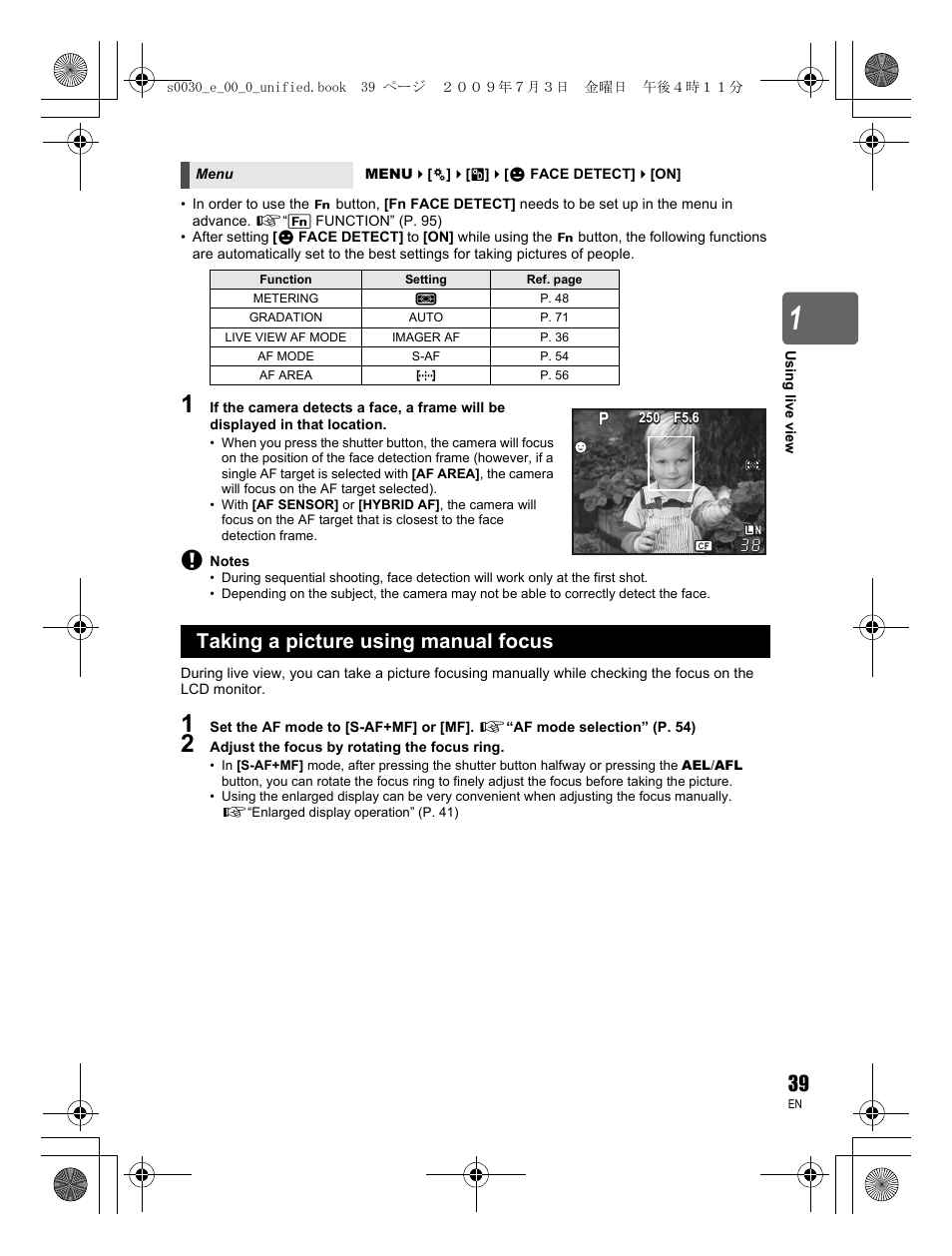 Taking a picture using manual focus | Olympus E-600 User Manual | Page 39 / 156