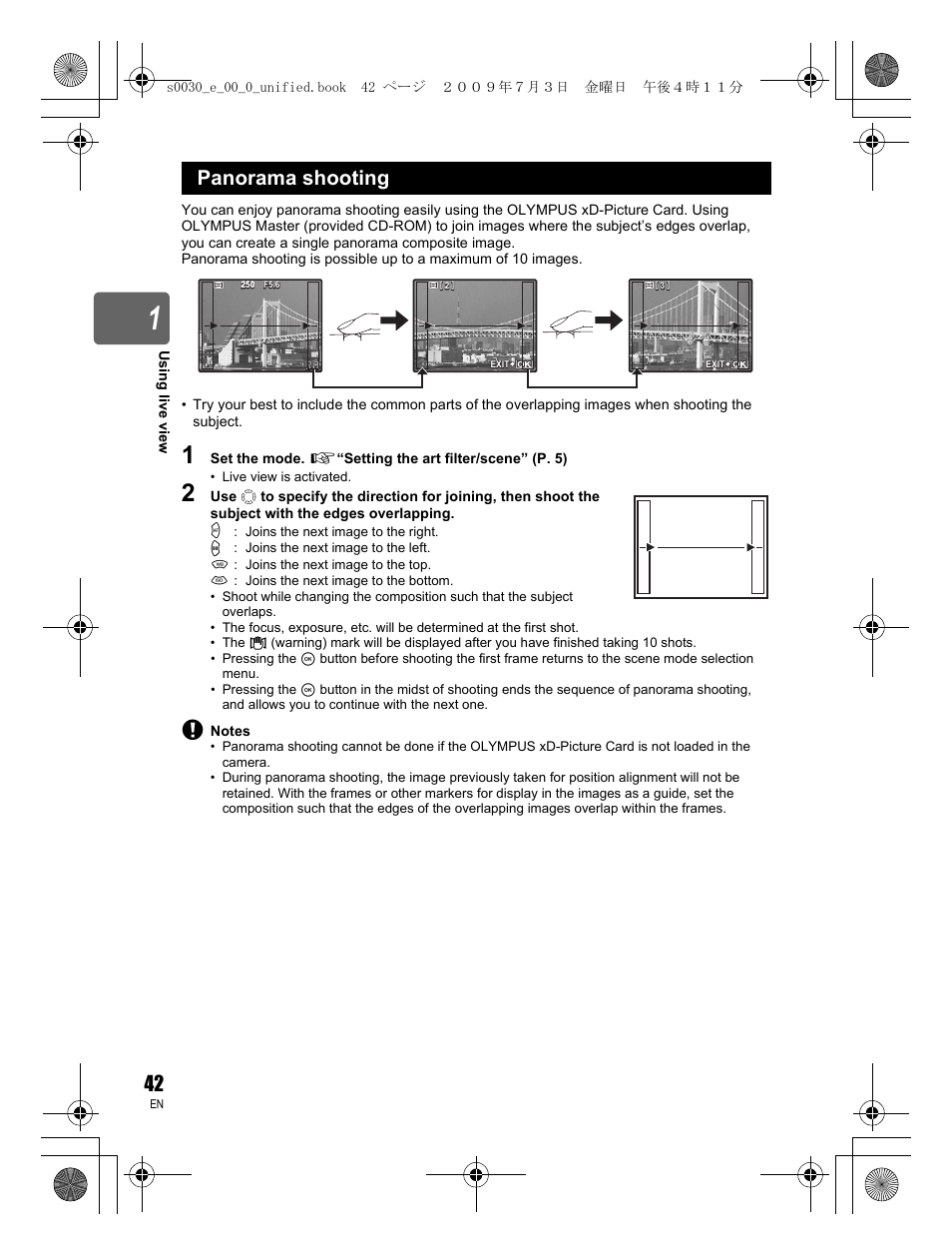 Panorama shooting | Olympus E-600 User Manual | Page 42 / 156