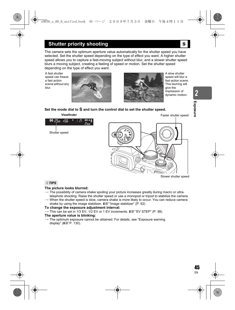 Shutter priority shooting | Olympus E-600 User Manual | Page 45 / 156