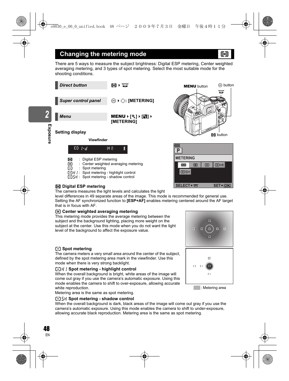 Changing the metering mode | Olympus E-600 User Manual | Page 48 / 156