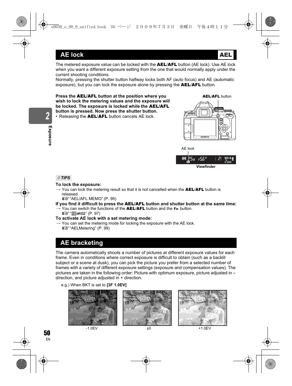 Ae lock, Ae bracketing | Olympus E-600 User Manual | Page 50 / 156
