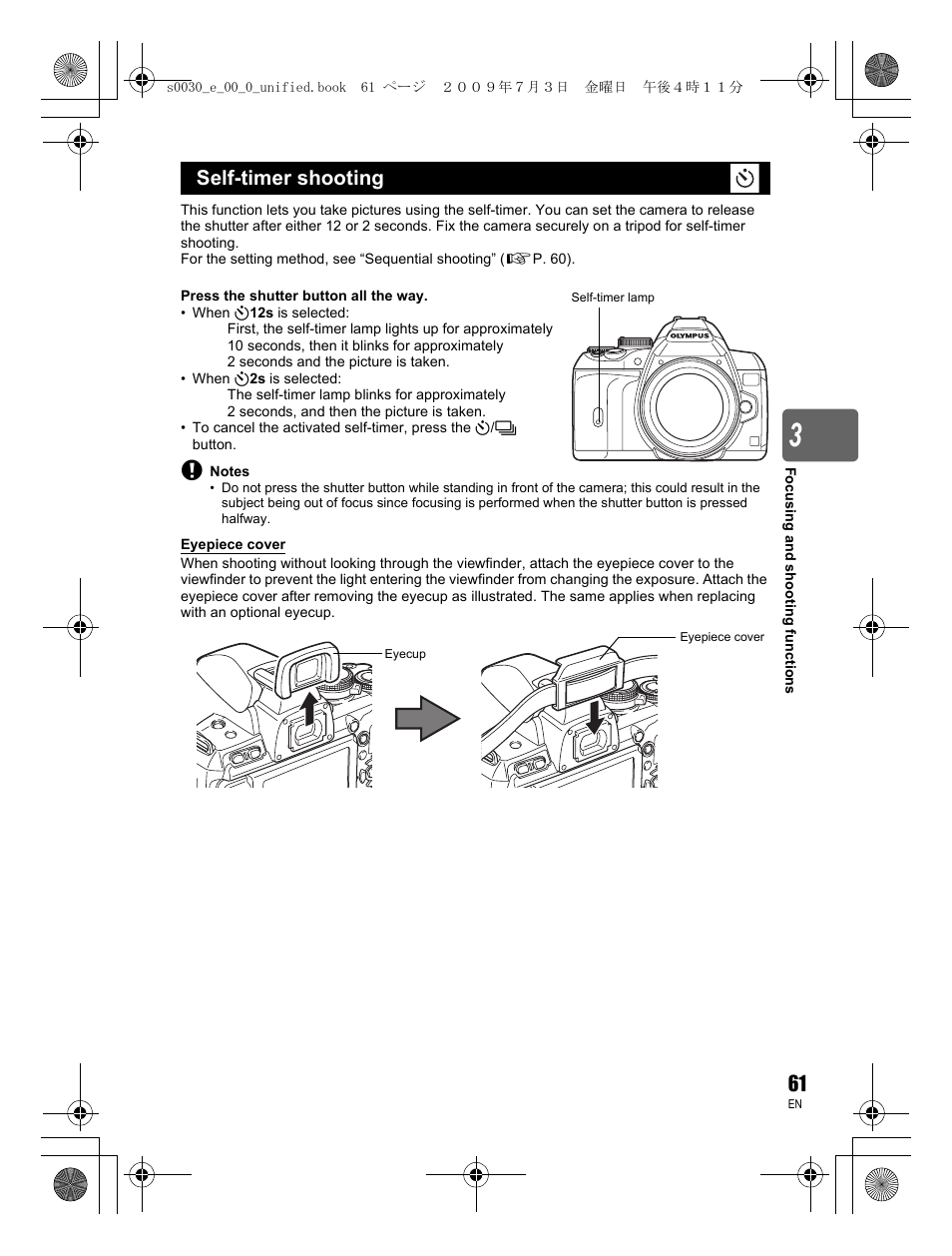 Self-timer shooting | Olympus E-600 User Manual | Page 61 / 156