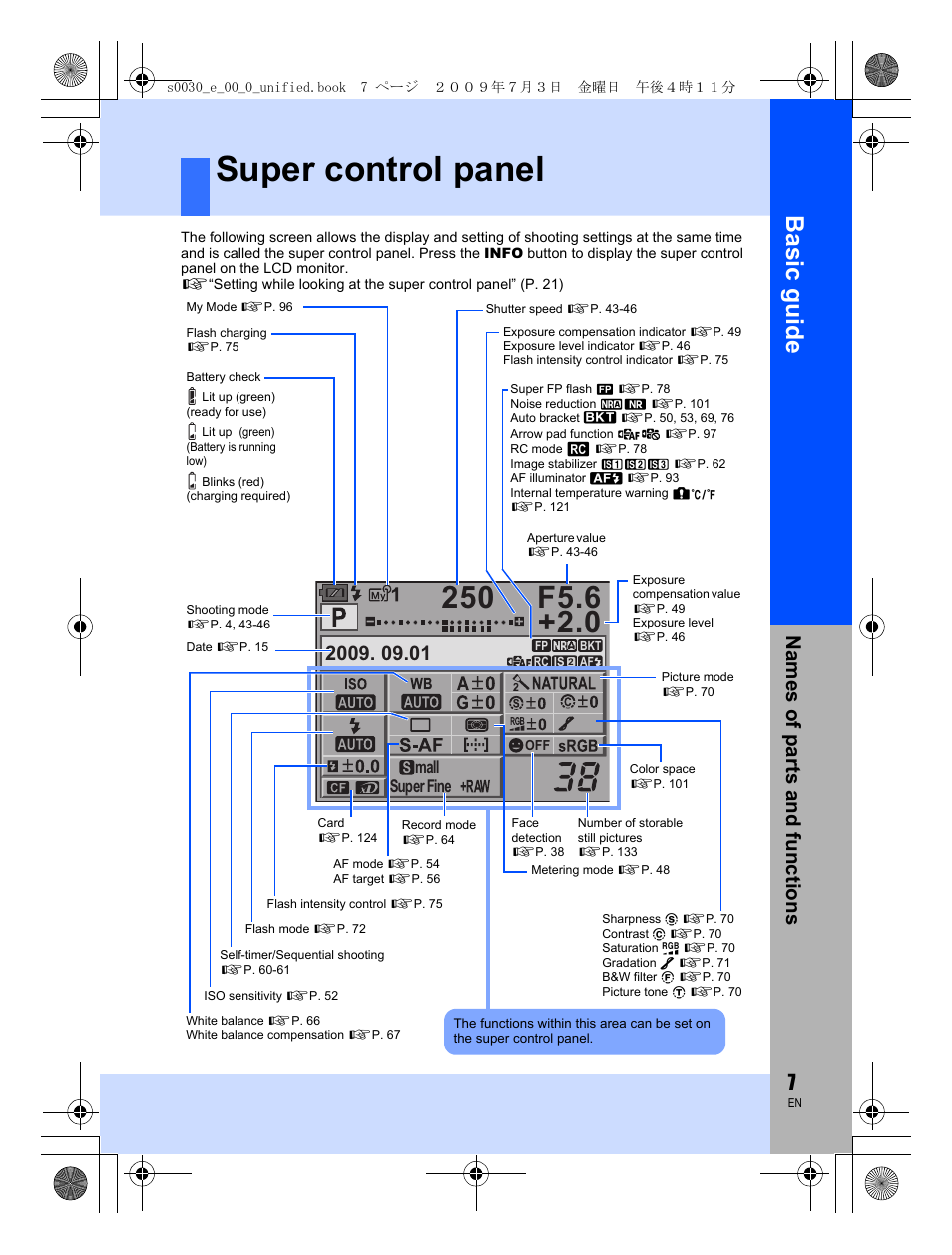 Super control panel, Basic guid e, Names o f par ts a nd fun c tion s | Mall super fine | Olympus E-600 User Manual | Page 7 / 156