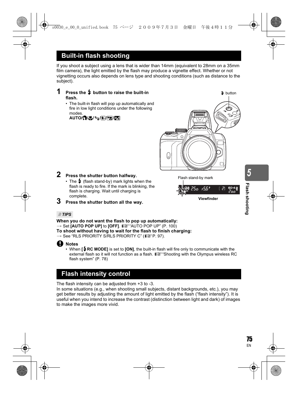 Built-in flash shooting, Flash intensity control | Olympus E-600 User Manual | Page 75 / 156