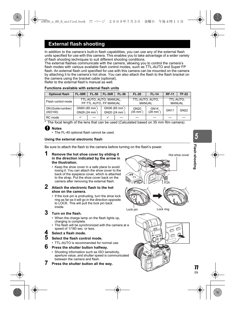 External flash shooting | Olympus E-600 User Manual | Page 77 / 156