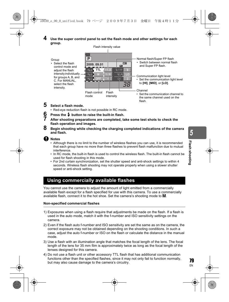 Using commercially available flashes | Olympus E-600 User Manual | Page 79 / 156