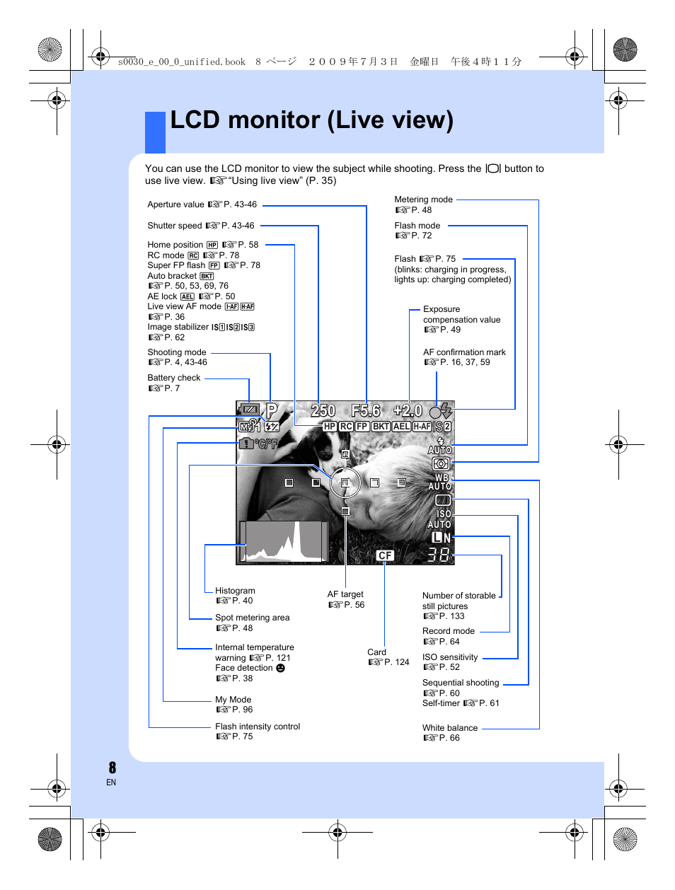 Lcd monitor (live view), L n n | Olympus E-600 User Manual | Page 8 / 156