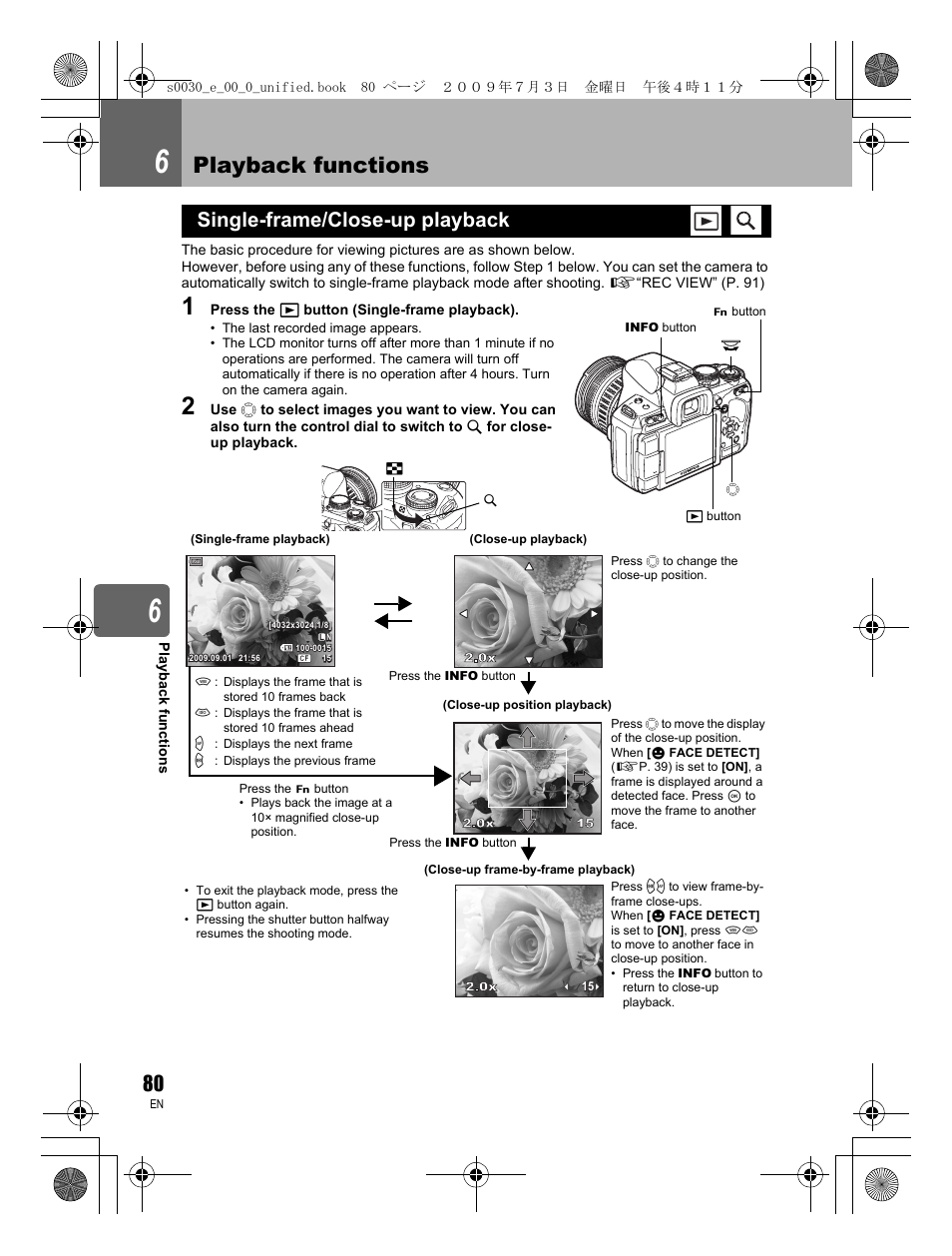 Playback functions, Single-frame/close-up playback | Olympus E-600 User Manual | Page 80 / 156