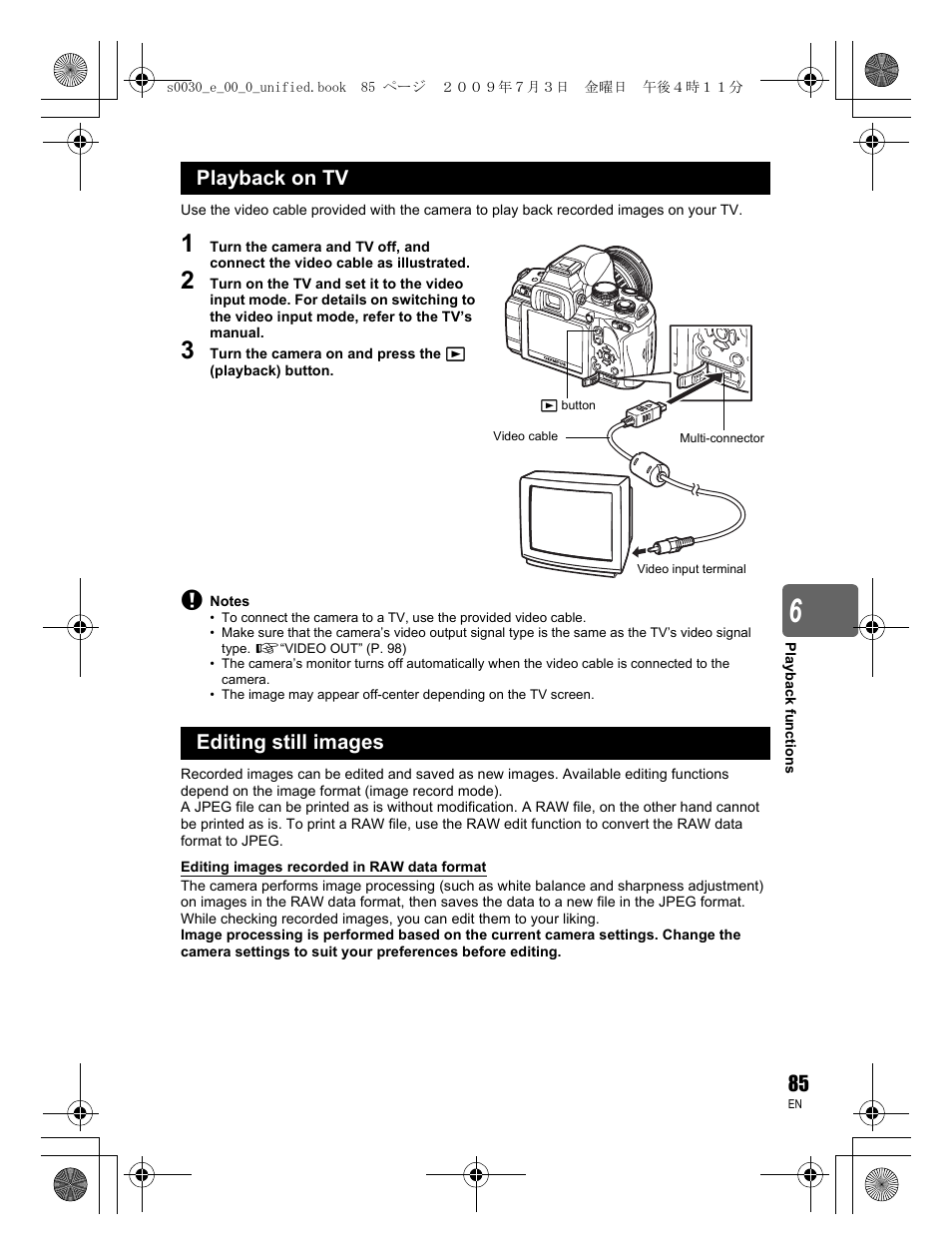 Playback on tv editing still images | Olympus E-600 User Manual | Page 85 / 156