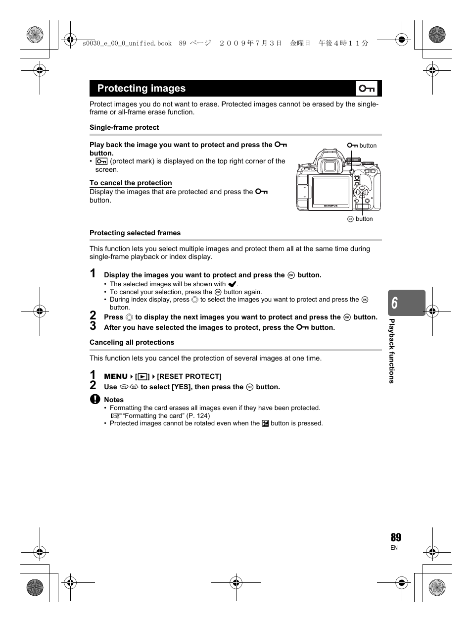 Protecting images | Olympus E-600 User Manual | Page 89 / 156