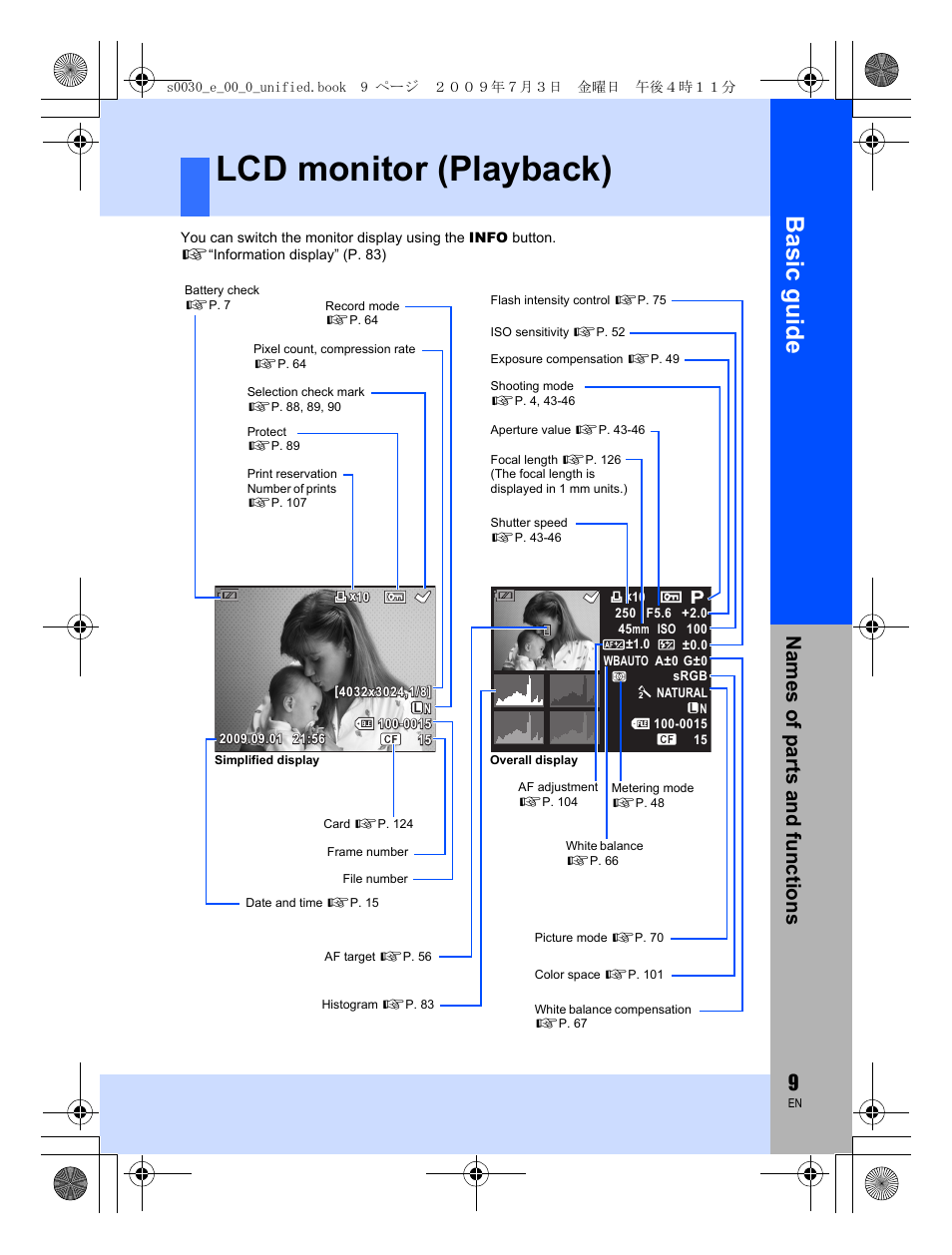 Lcd monitor (playback), Basic guid e, Names o f par ts a nd fun c tion s | Olympus E-600 User Manual | Page 9 / 156