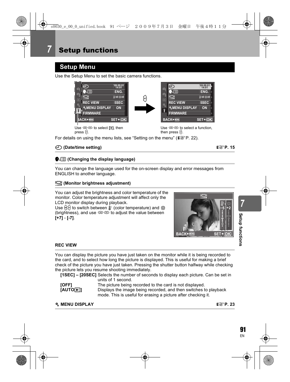 Setup functions, Setup menu | Olympus E-600 User Manual | Page 91 / 156