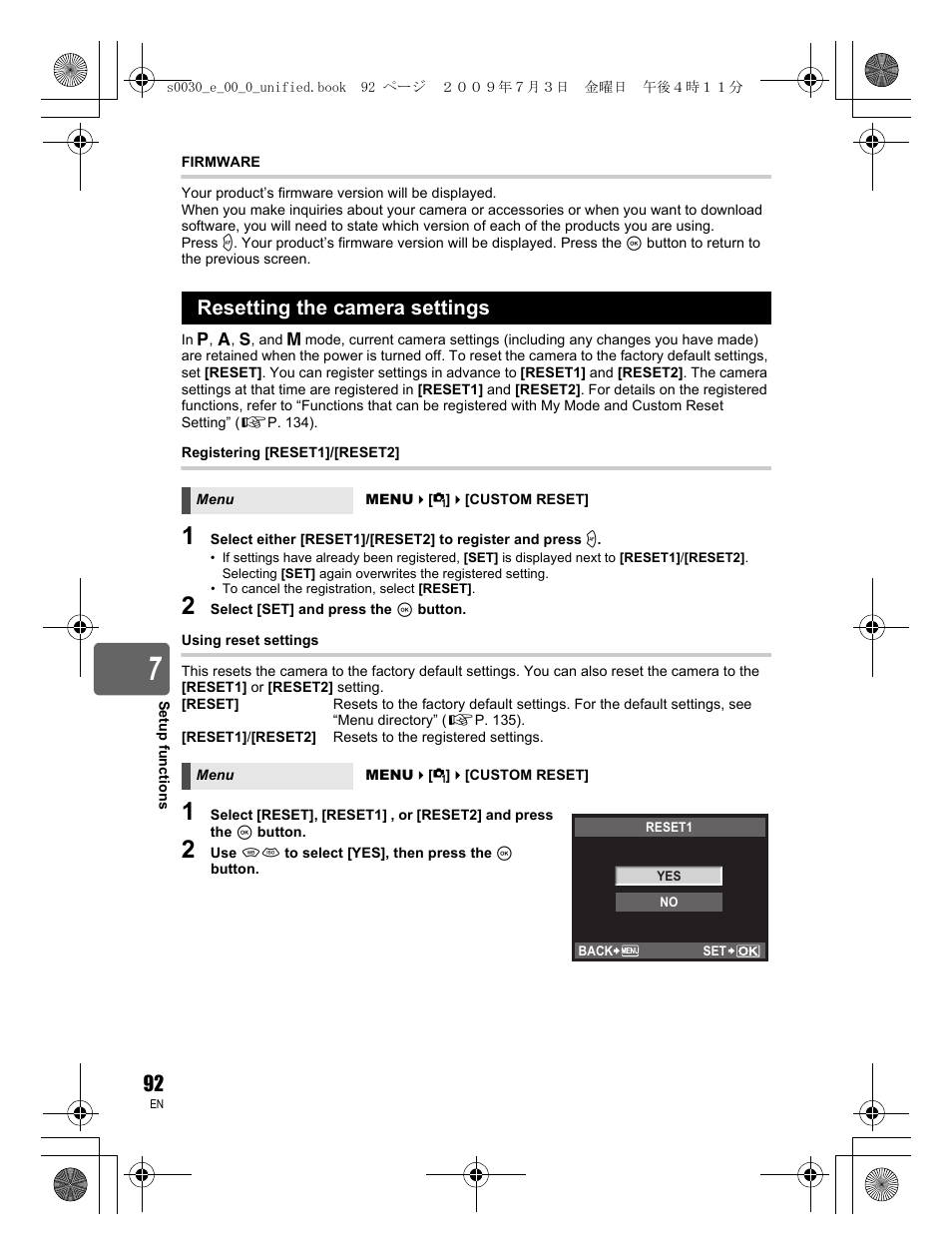 Resetting the camera settings | Olympus E-600 User Manual | Page 92 / 156