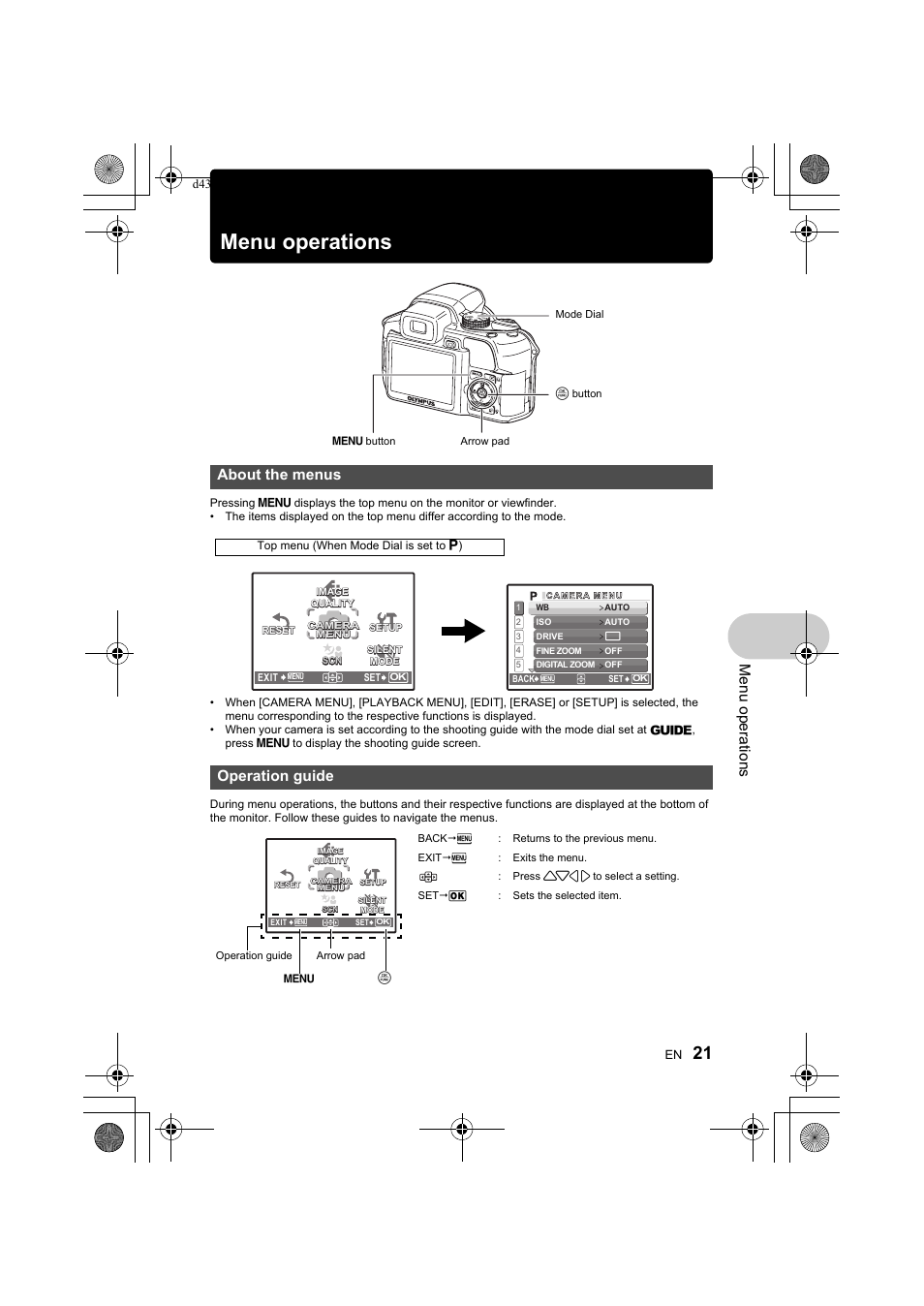 Menu operations, P.21, Me nu opera tions | About the menus operation guide | Olympus SP-560 UZ User Manual | Page 21 / 101