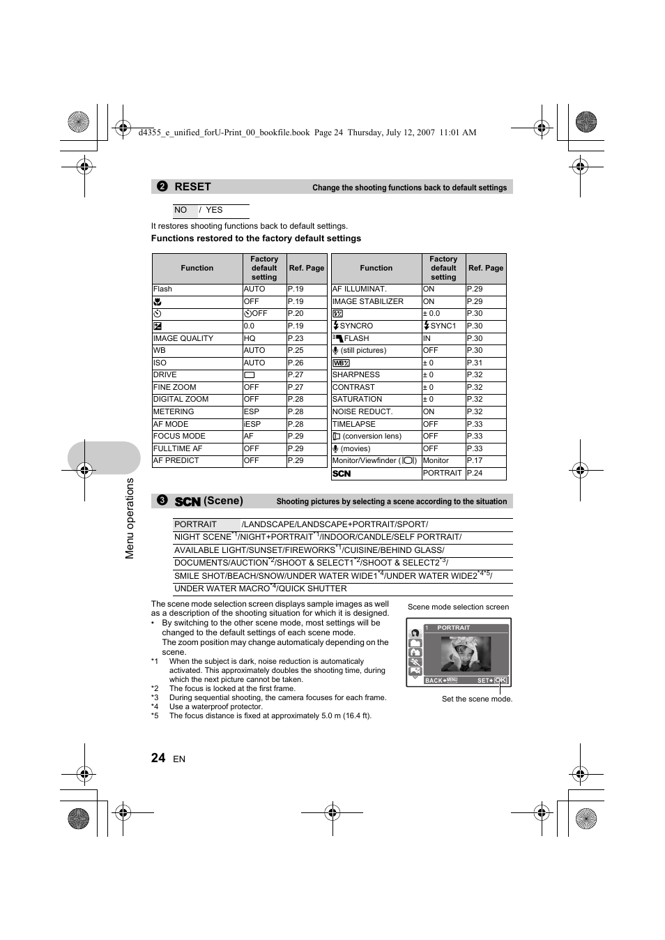 Menu ope rati ons, 2reset, 3s (scene) | Olympus SP-560 UZ User Manual | Page 24 / 101