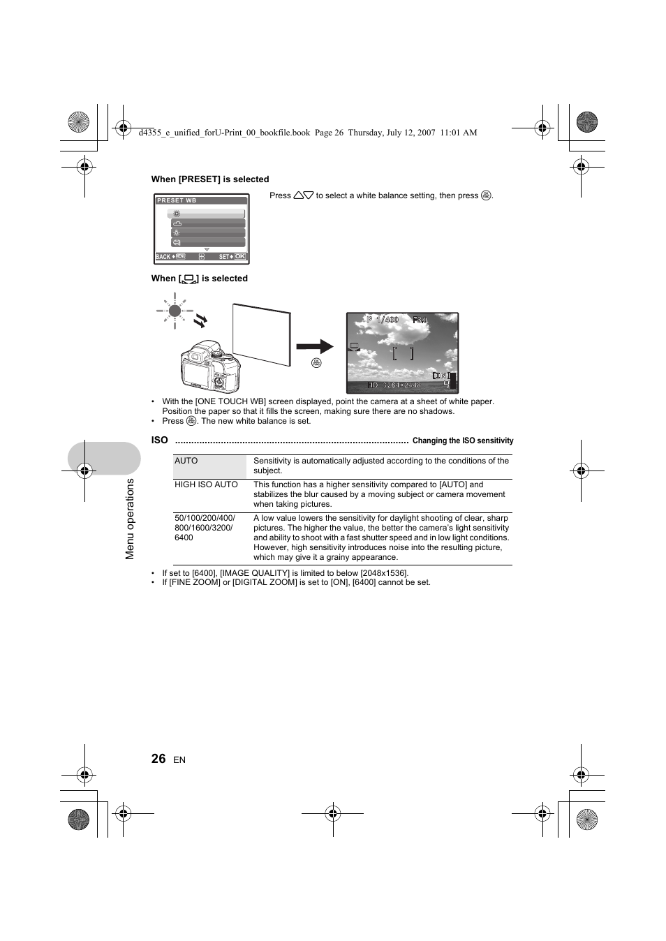Iso changing the iso sensitivity” (p.26), P.26, Menu ope rati ons | Olympus SP-560 UZ User Manual | Page 26 / 101