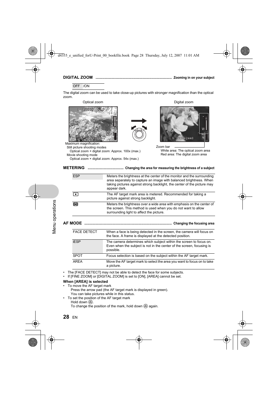 G “digital zoom zooming in on your subject” (p.28), P.28 | Olympus SP-560 UZ User Manual | Page 28 / 101