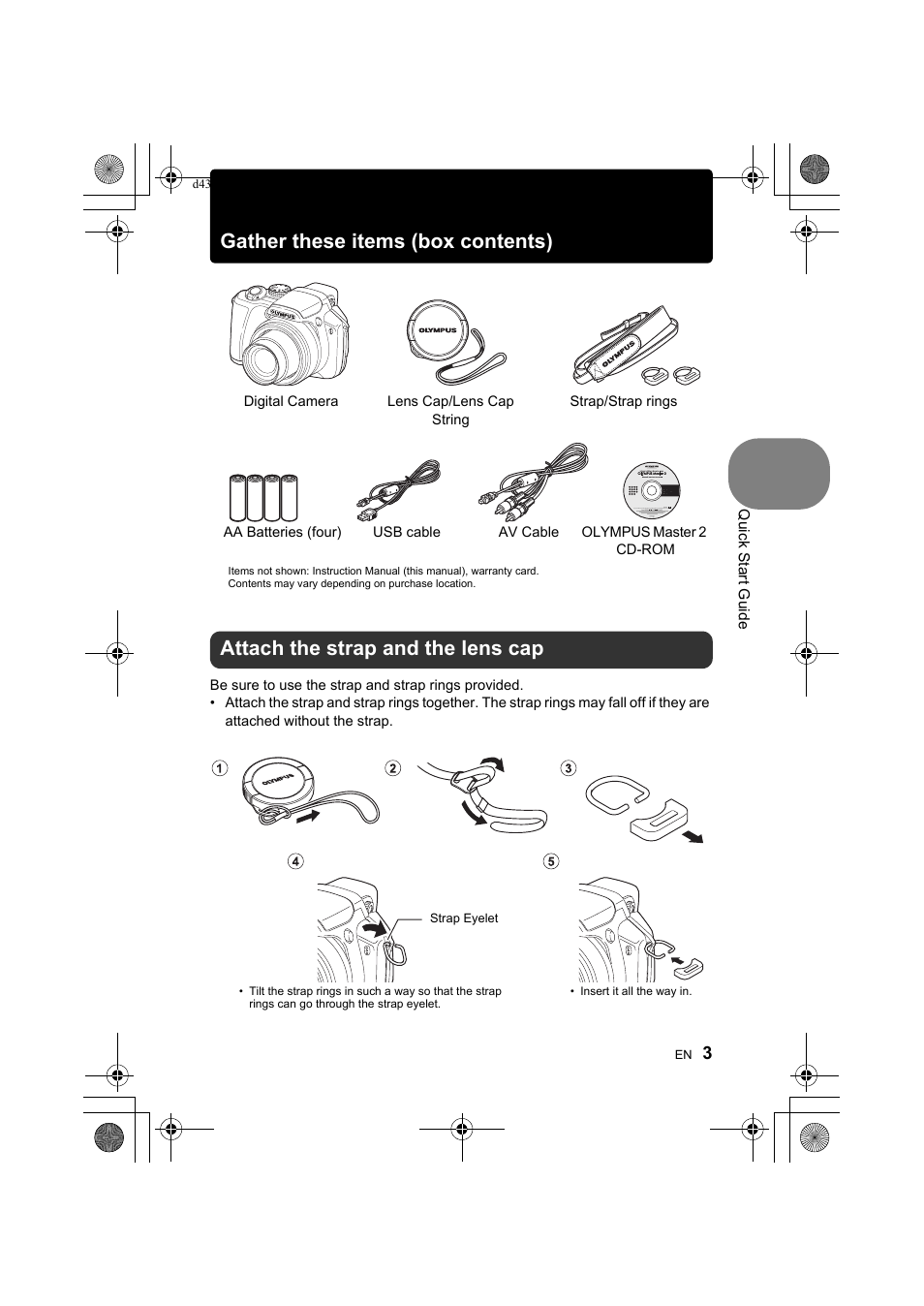 Quick start guide, Gather these items (box contents), Attach the strap and the lens cap | Olympus SP-560 UZ User Manual | Page 3 / 101