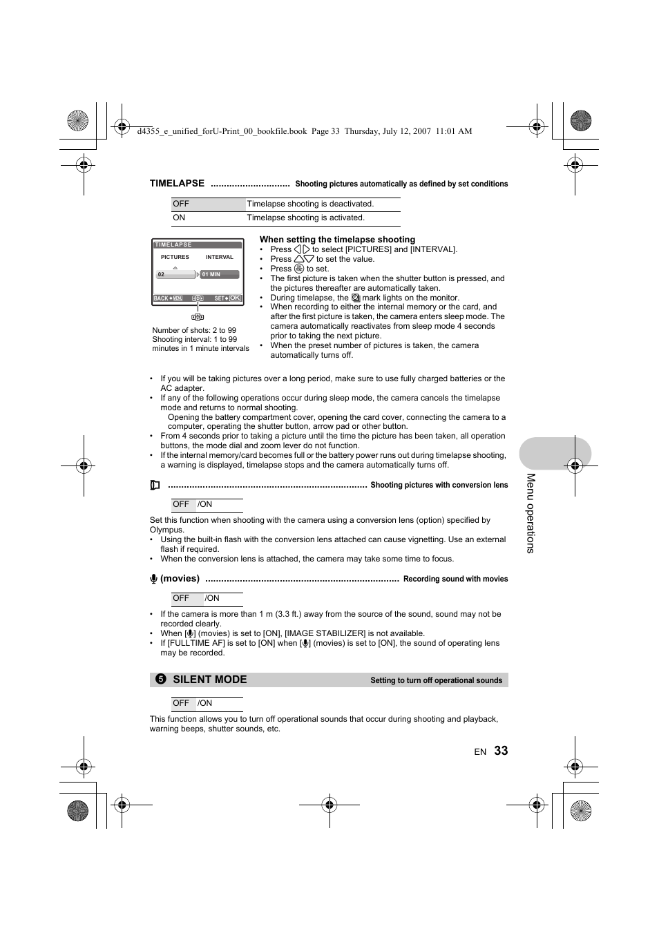 G “r (movies) recording sound with movies” (p.33), P.33, Me nu opera tions | 5silent mode | Olympus SP-560 UZ User Manual | Page 33 / 101