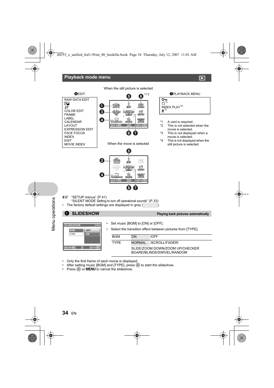 Menu ope rati ons, Playback mode menu, 1slideshow | Olympus SP-560 UZ User Manual | Page 34 / 101