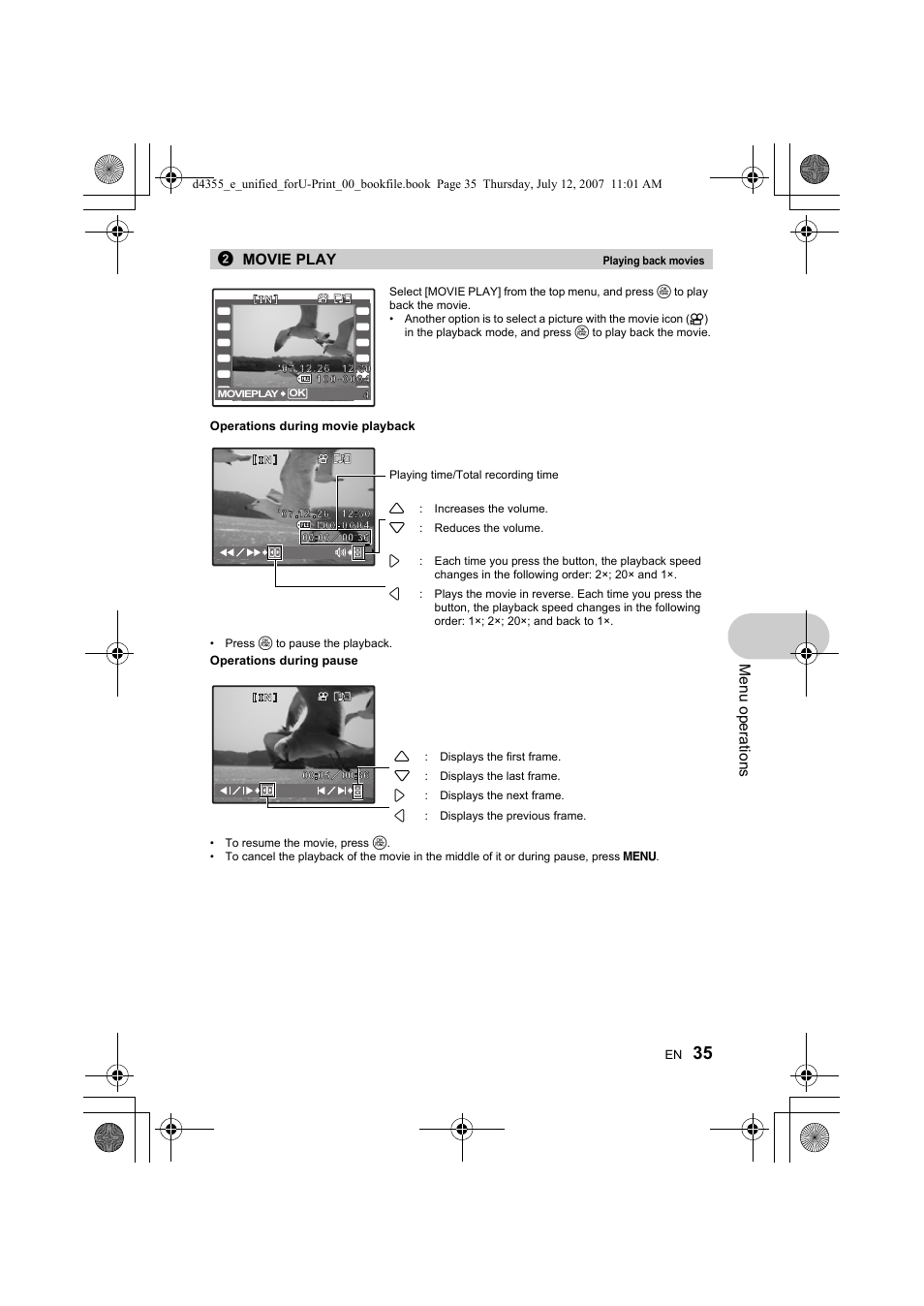 Me nu opera tions, 2movie play | Olympus SP-560 UZ User Manual | Page 35 / 101