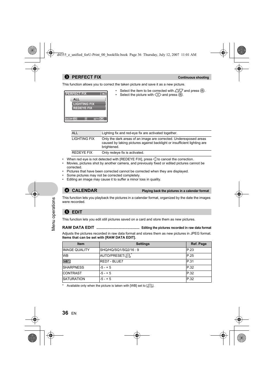 Menu ope rati ons, 3perfect fix, 4calendar | 5edit | Olympus SP-560 UZ User Manual | Page 36 / 101