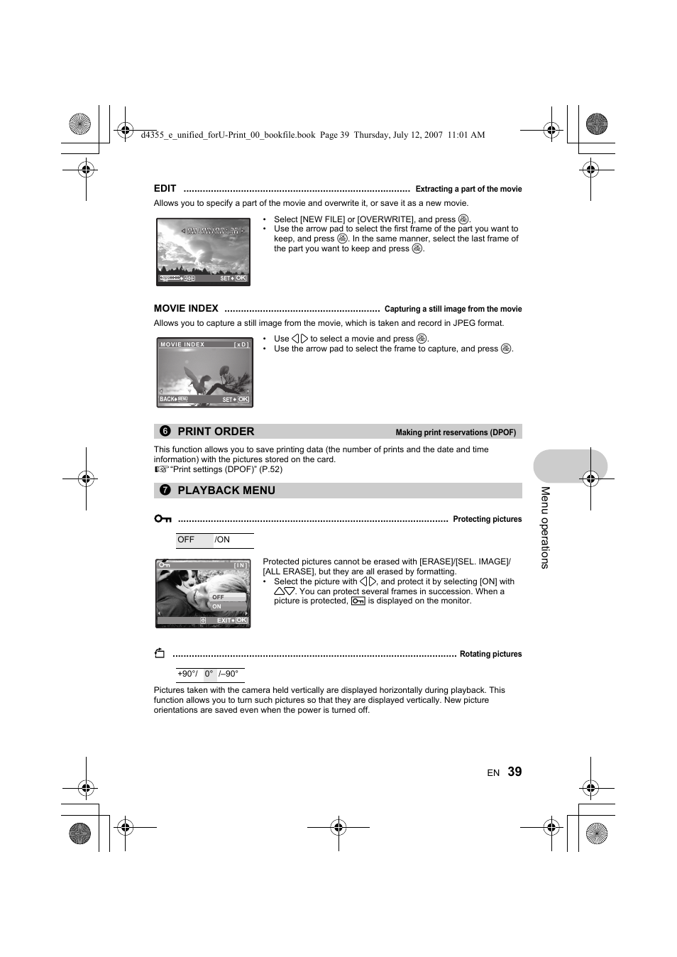 G “0 protecting pictures” (p.39), Me nu opera tions, 6print order | 7playback menu | Olympus SP-560 UZ User Manual | Page 39 / 101