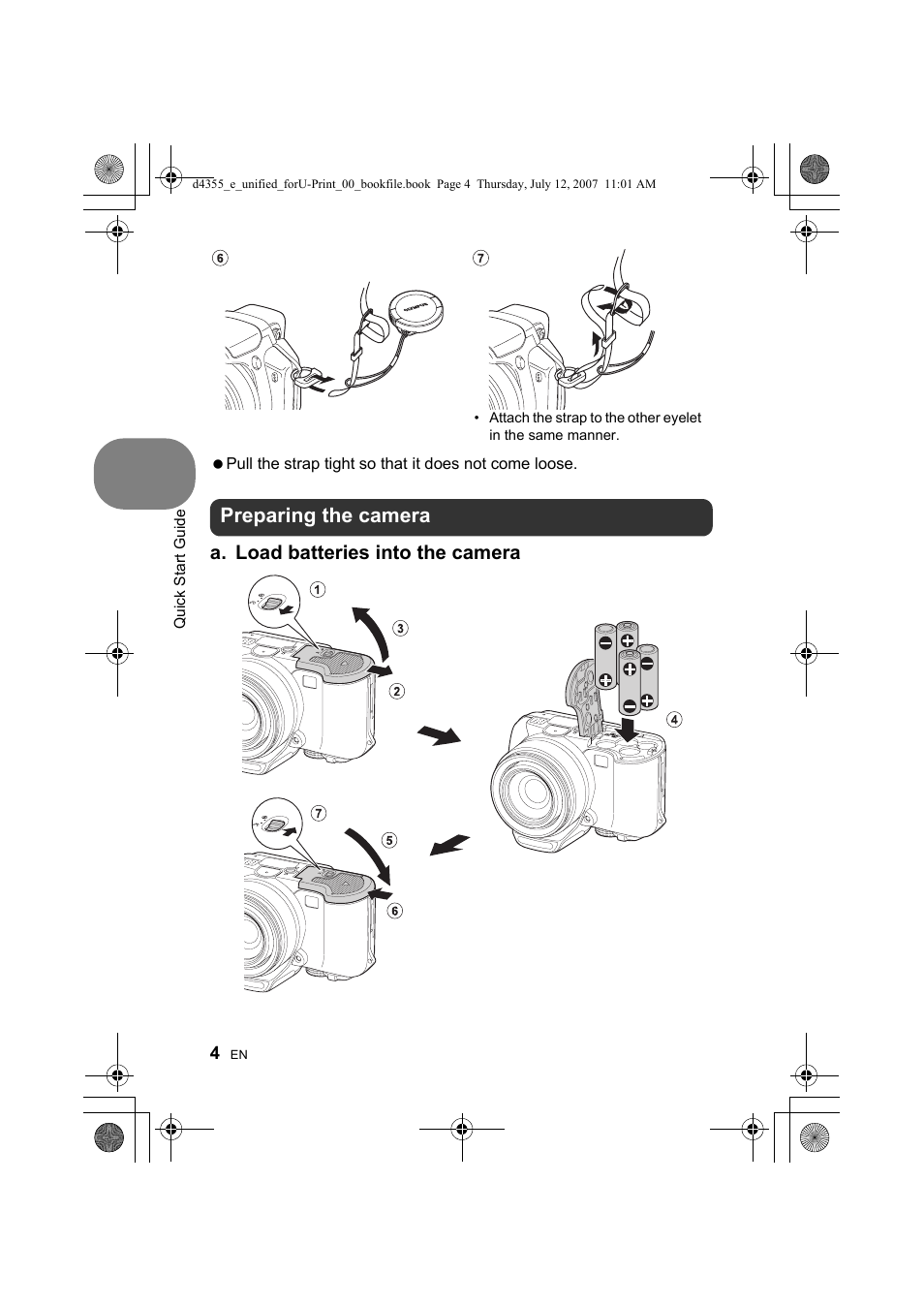 Preparing the camera, A. load batteries into the camera | Olympus SP-560 UZ User Manual | Page 4 / 101