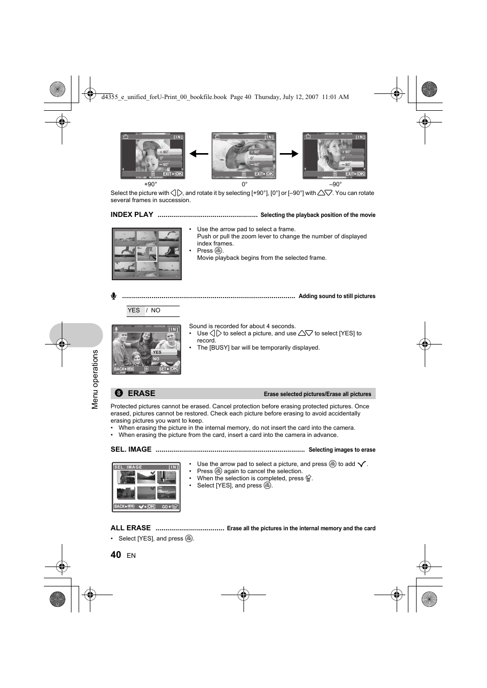 Menu ope rati ons, 8erase | Olympus SP-560 UZ User Manual | Page 40 / 101