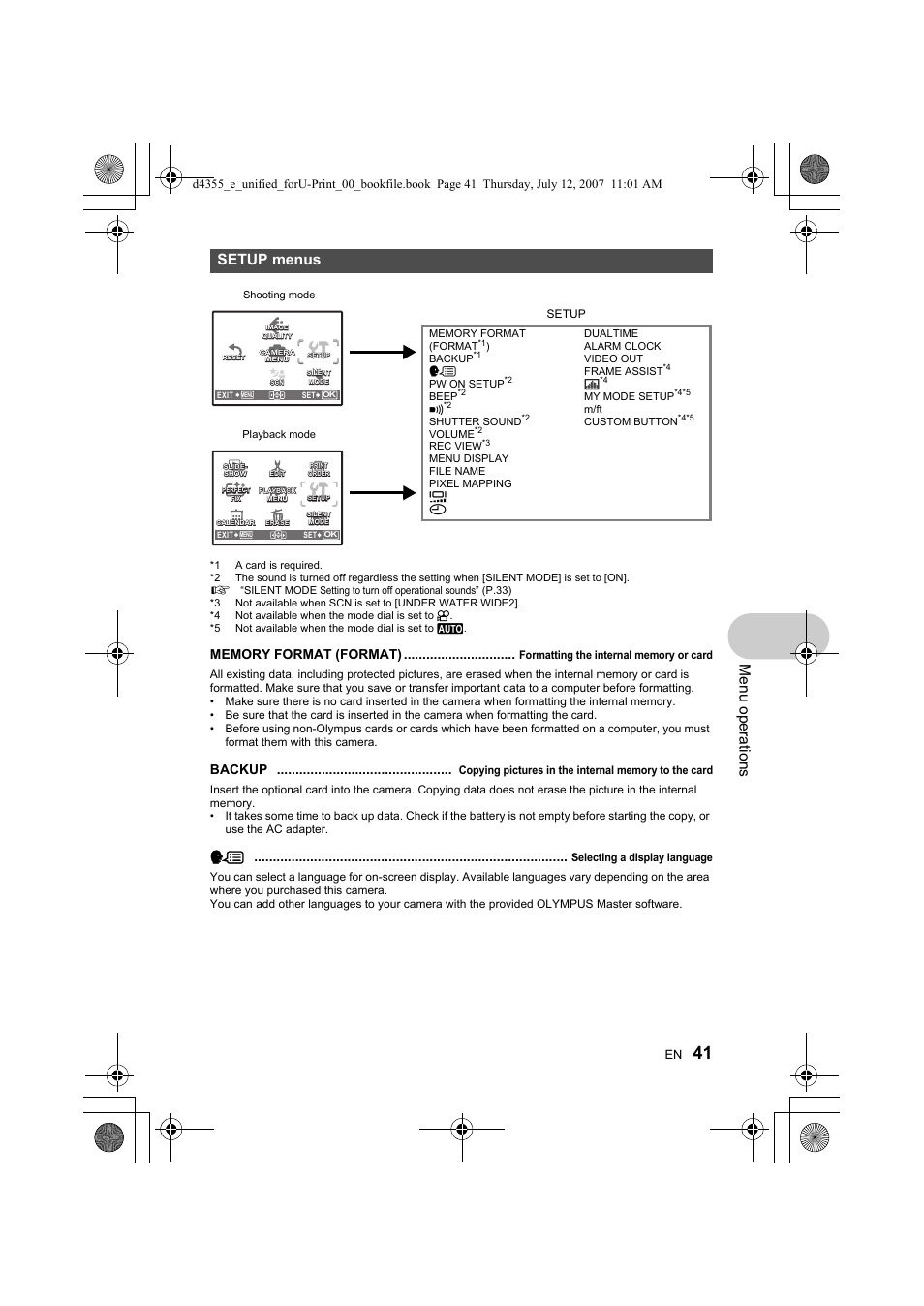 G “setup menus” (p.41), Me nu opera tions, Setup menus | Backup | Olympus SP-560 UZ User Manual | Page 41 / 101