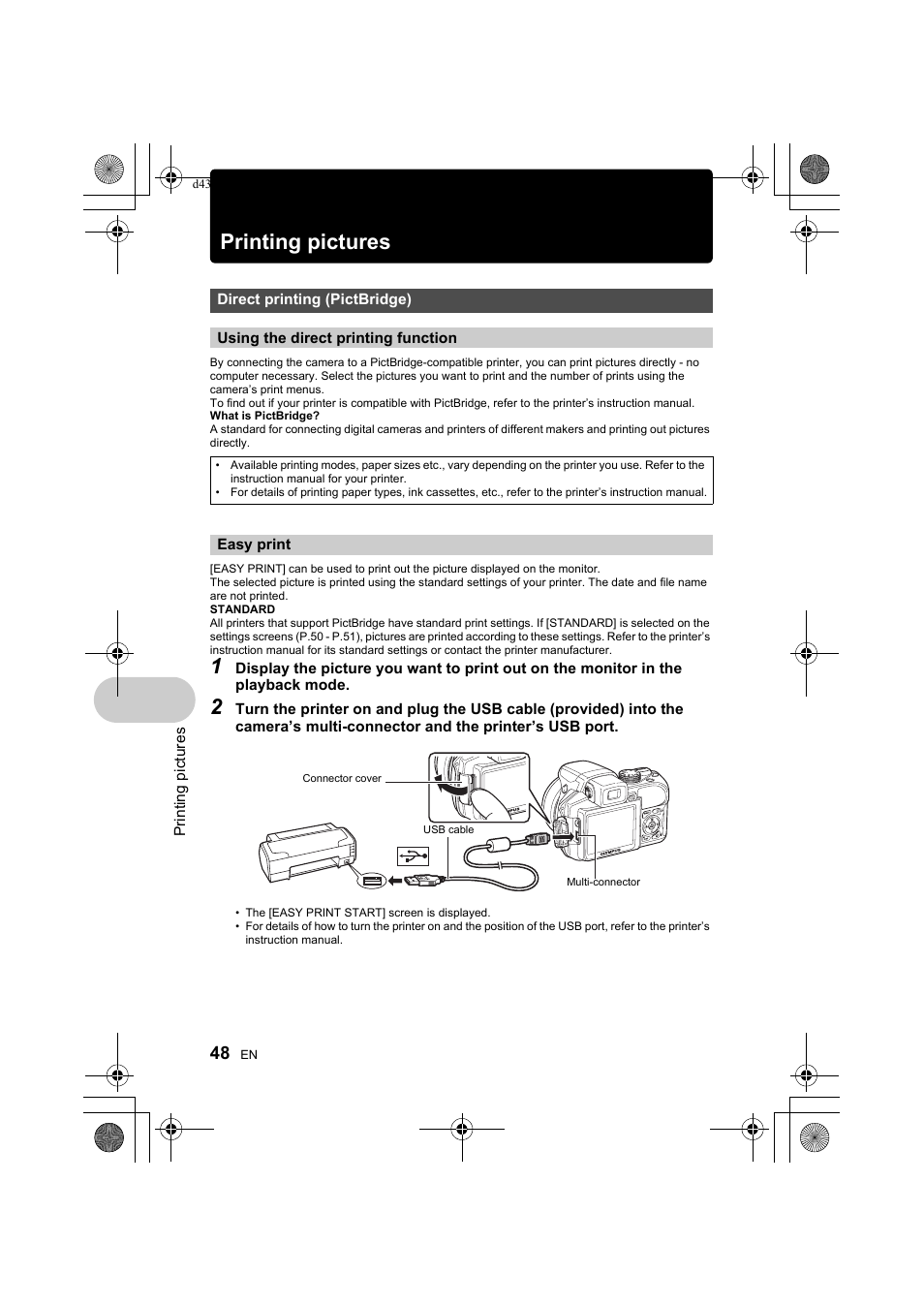 Printing pictures, P.48, G“easy print” (p.48) | Olympus SP-560 UZ User Manual | Page 48 / 101
