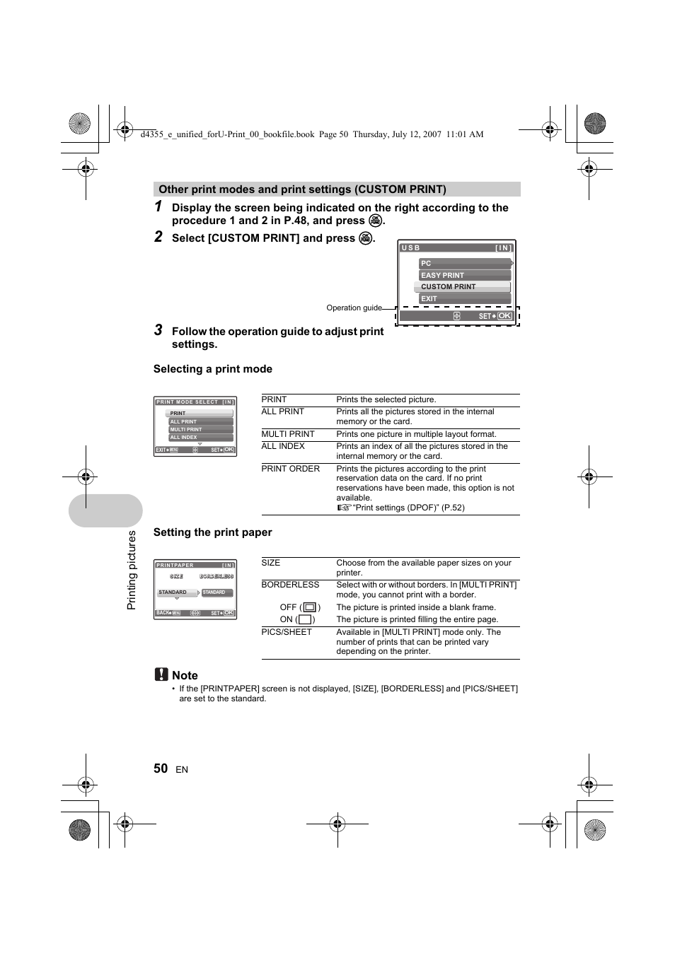 Pri nti ng pi ct ures, Select [custom print] and press o, Setting the print paper | Olympus SP-560 UZ User Manual | Page 50 / 101