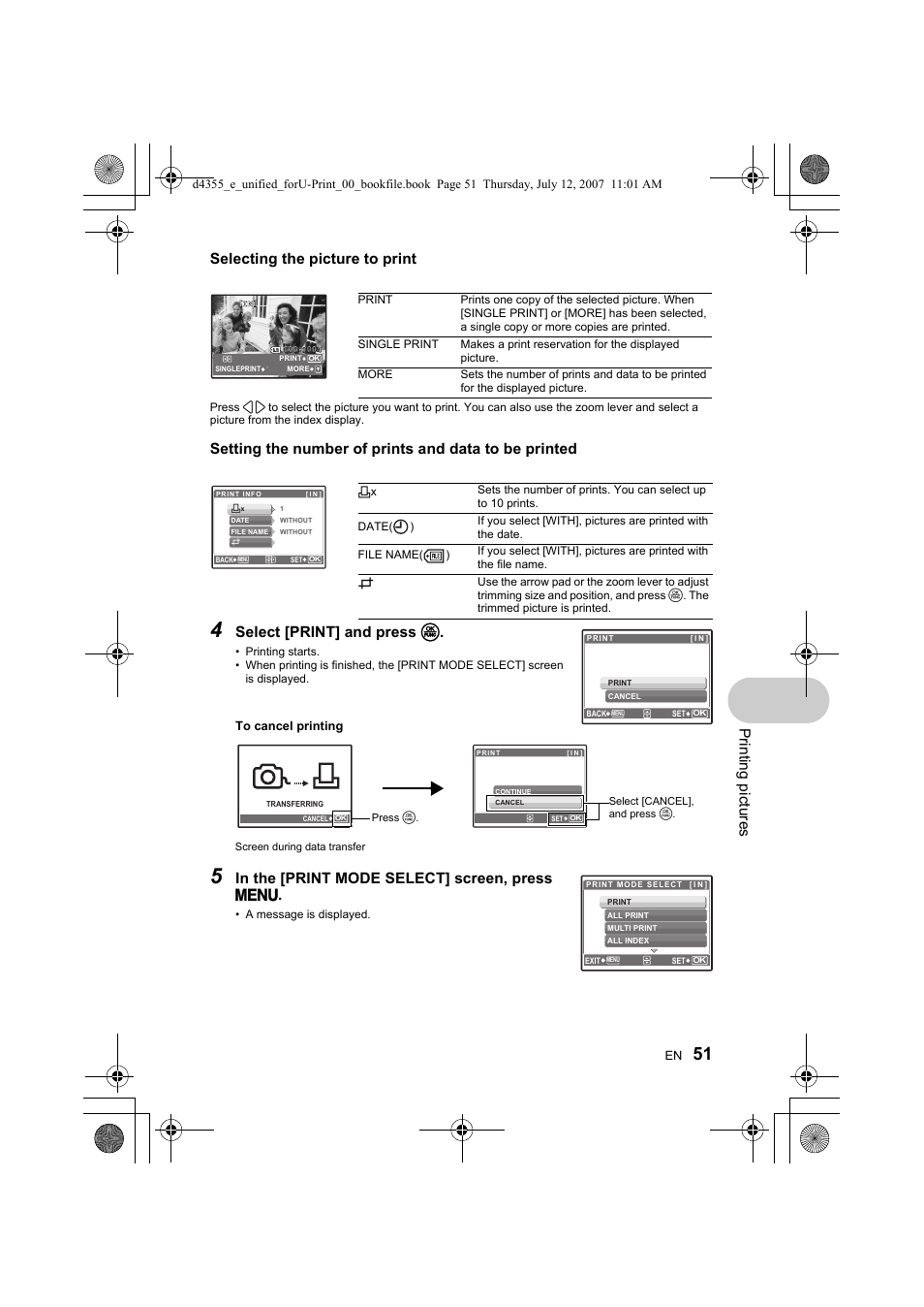 Pri nt ing pi ct ures, Select [print] and press o, Selecting the picture to print | Olympus SP-560 UZ User Manual | Page 51 / 101
