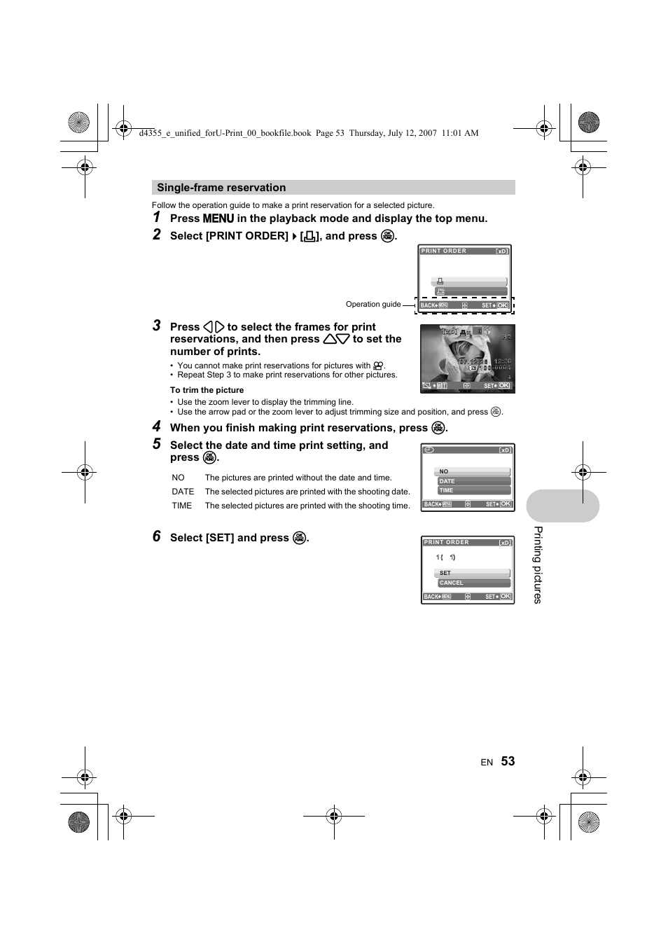 Pri nt ing pi ct ures, Select [print order]  [ < ], and press o, When you finish making print reservations, press o | Olympus SP-560 UZ User Manual | Page 53 / 101