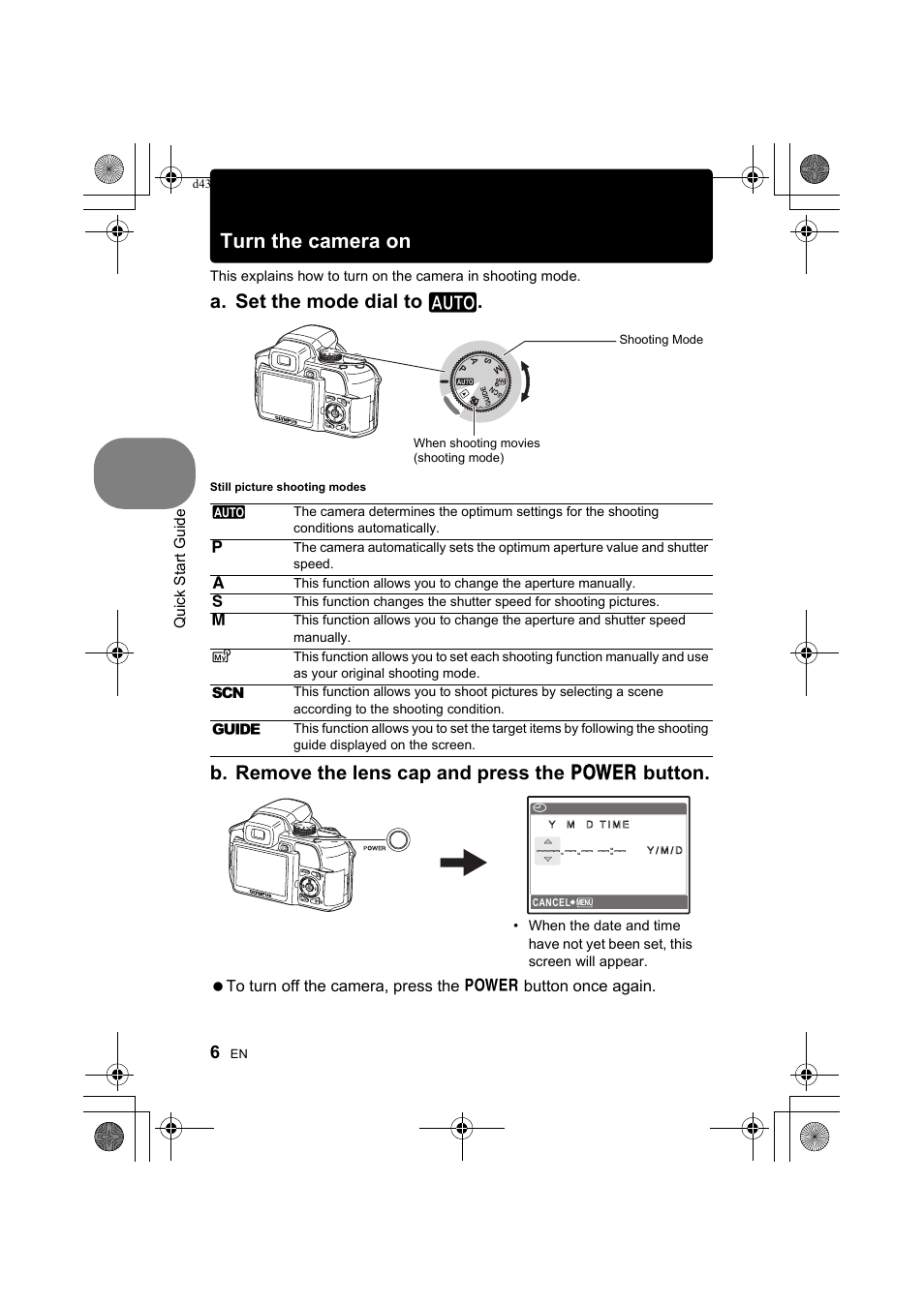 Turn the camera on, A. set the mode dial to h, B. remove the lens cap and press the o button | Olympus SP-560 UZ User Manual | Page 6 / 101