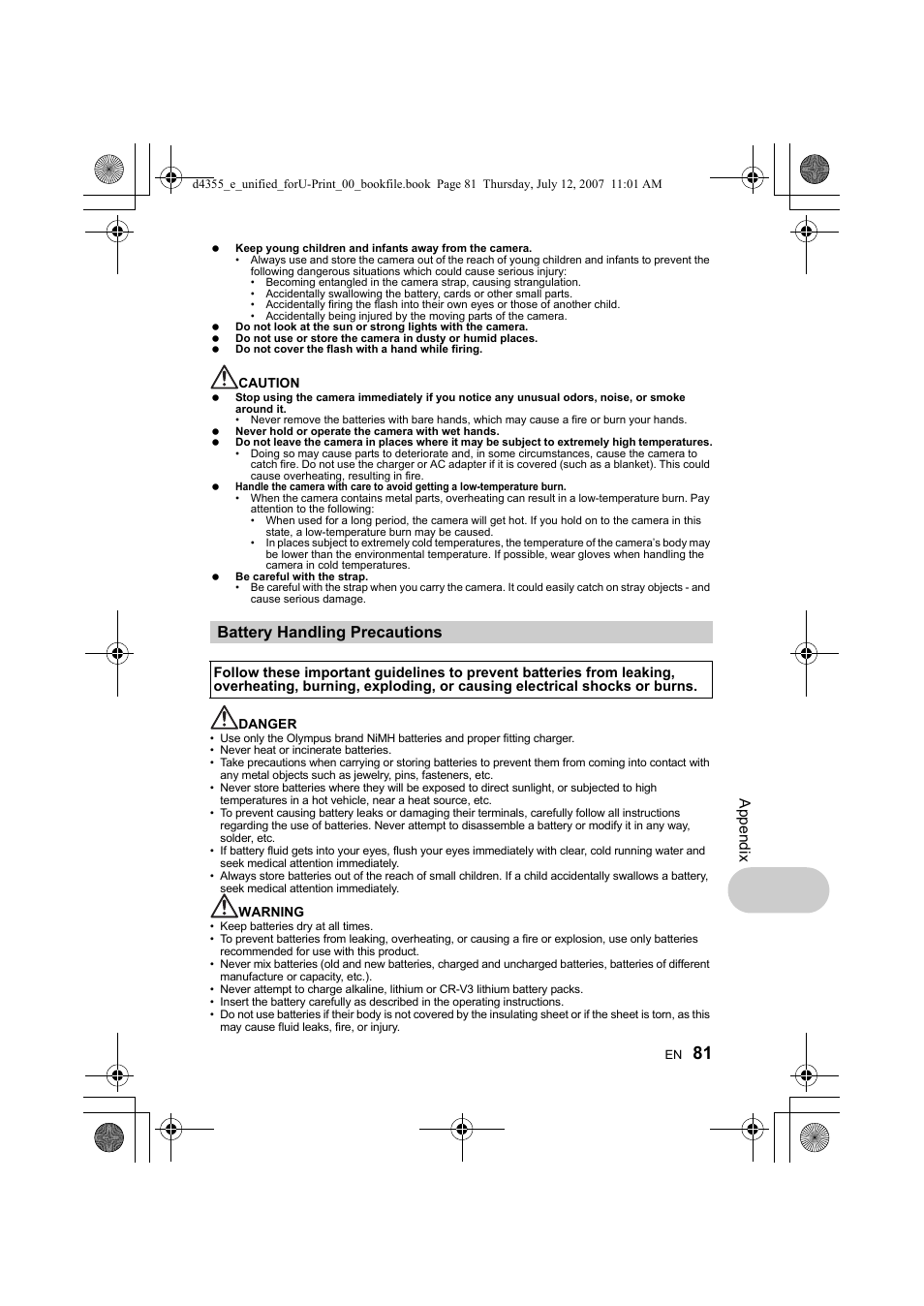 Battery handling precautions, Appe ndi x | Olympus SP-560 UZ User Manual | Page 81 / 101