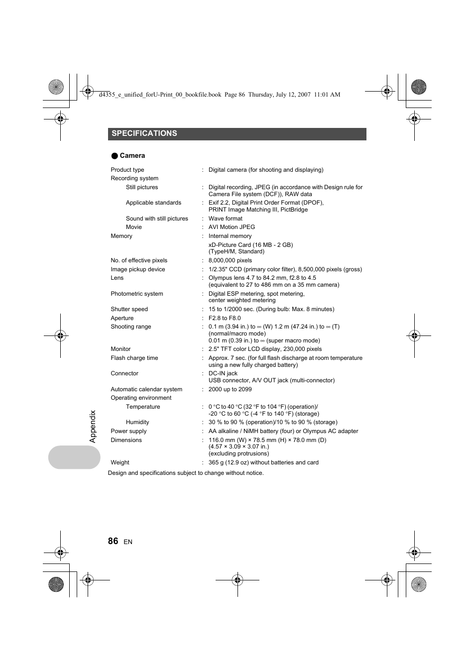 Appen dix, Specifications | Olympus SP-560 UZ User Manual | Page 86 / 101