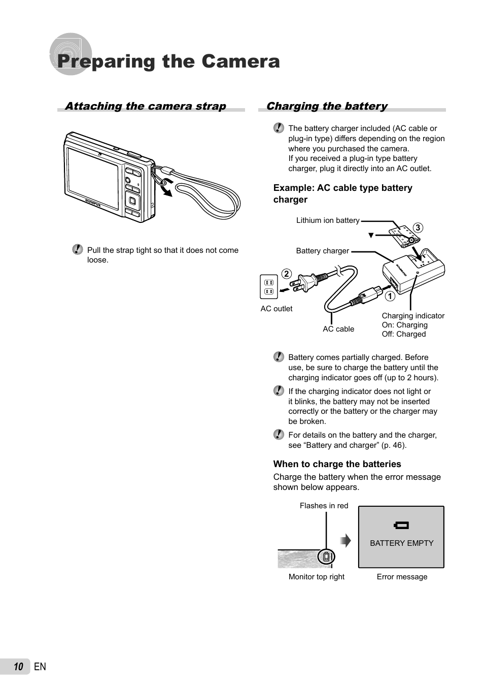 Preparing the camera, 10 en, Charging the battery | Attaching the camera strap | Olympus FE-4010 User Manual | Page 10 / 63