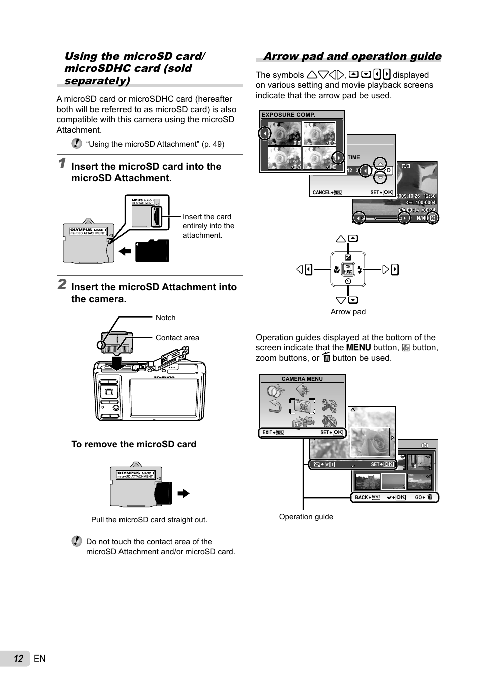 Arrow pad and operation guide, Insert the microsd attachment into the camera | Olympus FE-4010 User Manual | Page 12 / 63